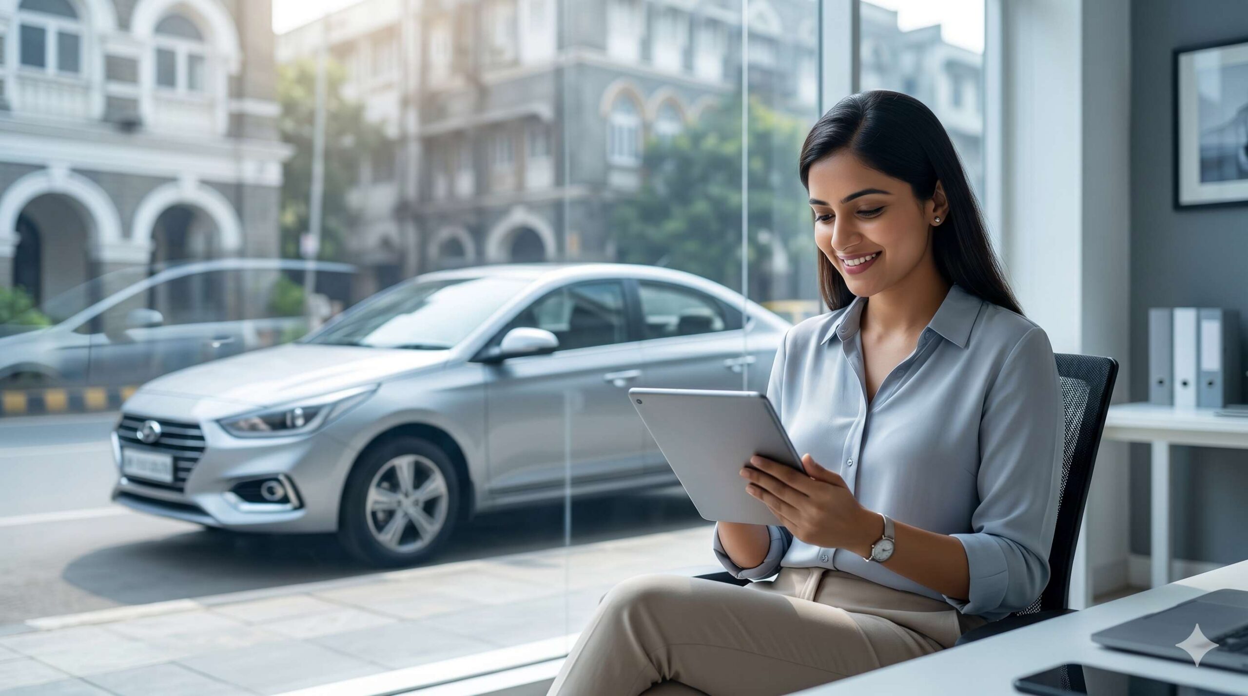 A confident Indian professional calculating car loan EMIs, symbolizing preparation for an Axis Bank car loan.