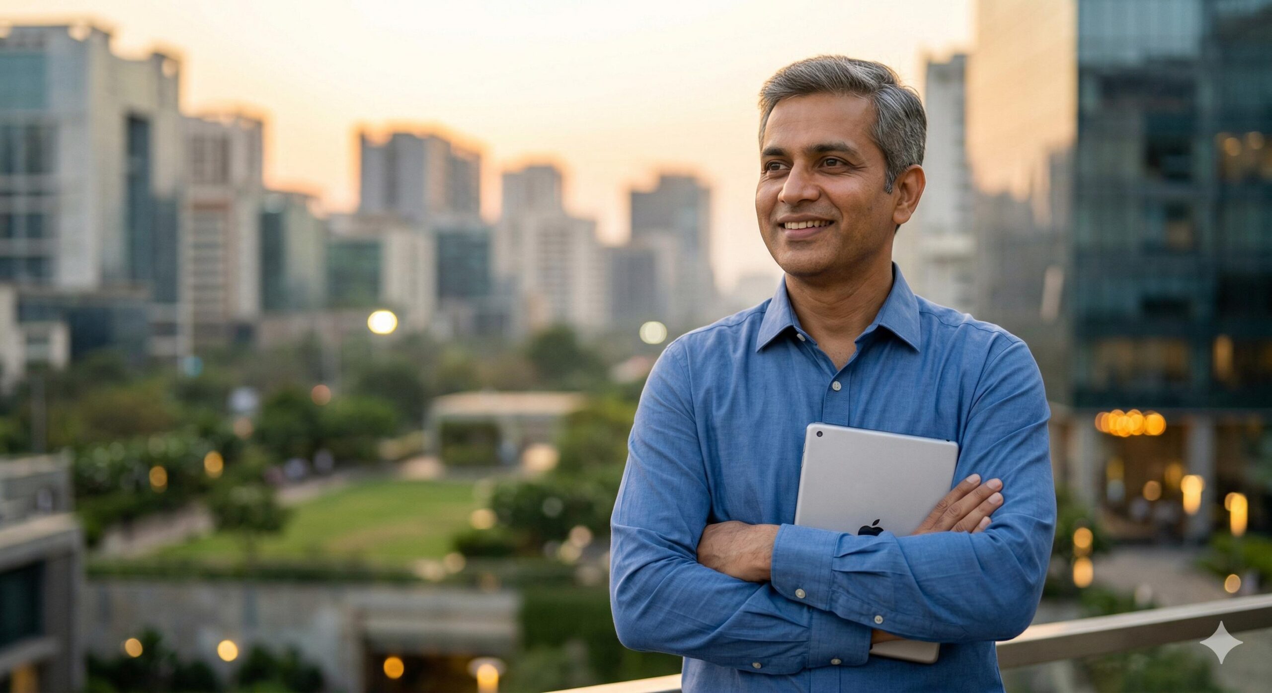 A confident, smiling self-employed Indian professional standing against a city backdrop, representing the successful results of good credit management.