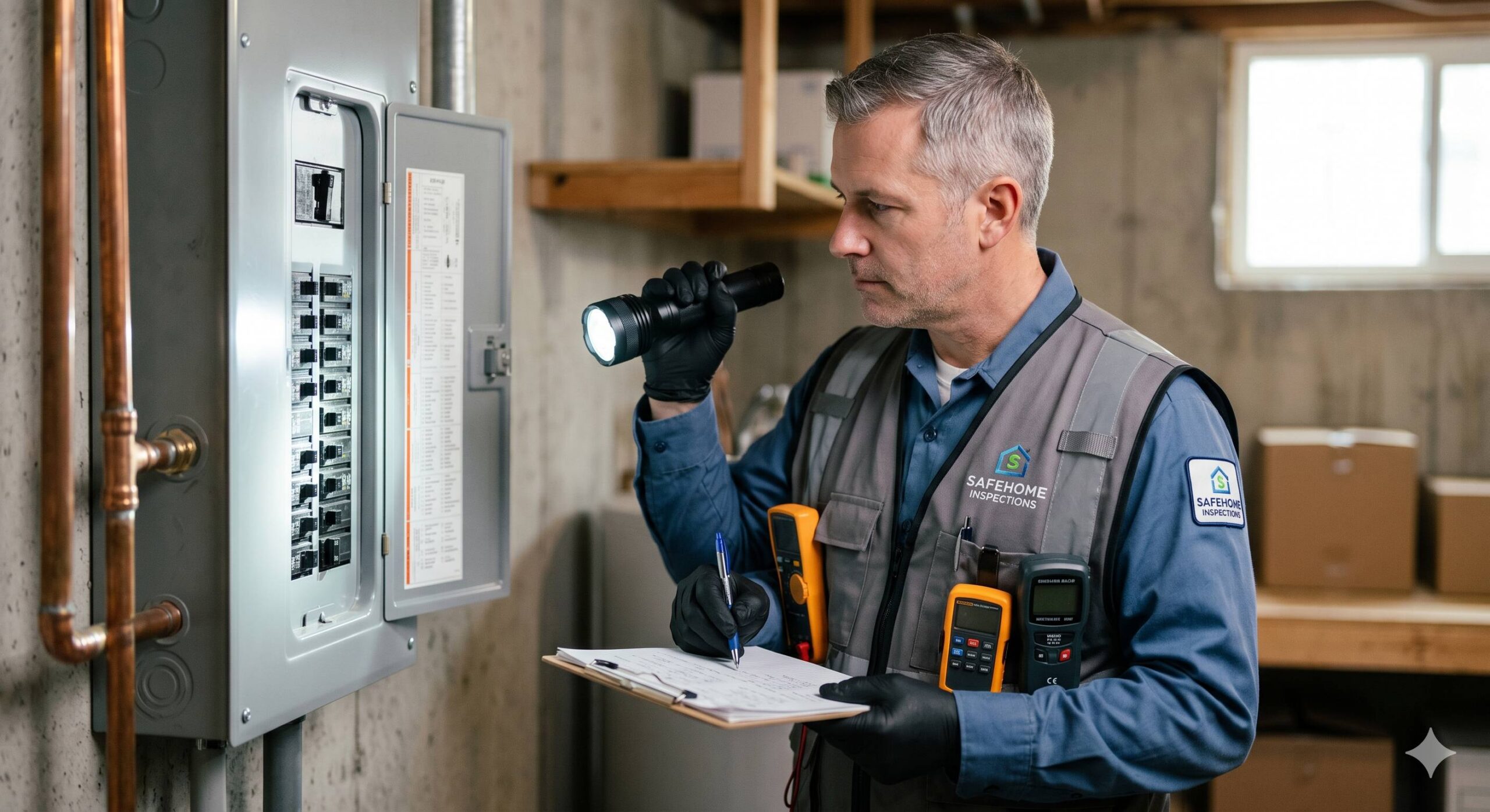 A detailed photograph of a professional home inspector scrutinizing a home's electrical panel with flashlight and clipboard, implying safety and soundness assessment.