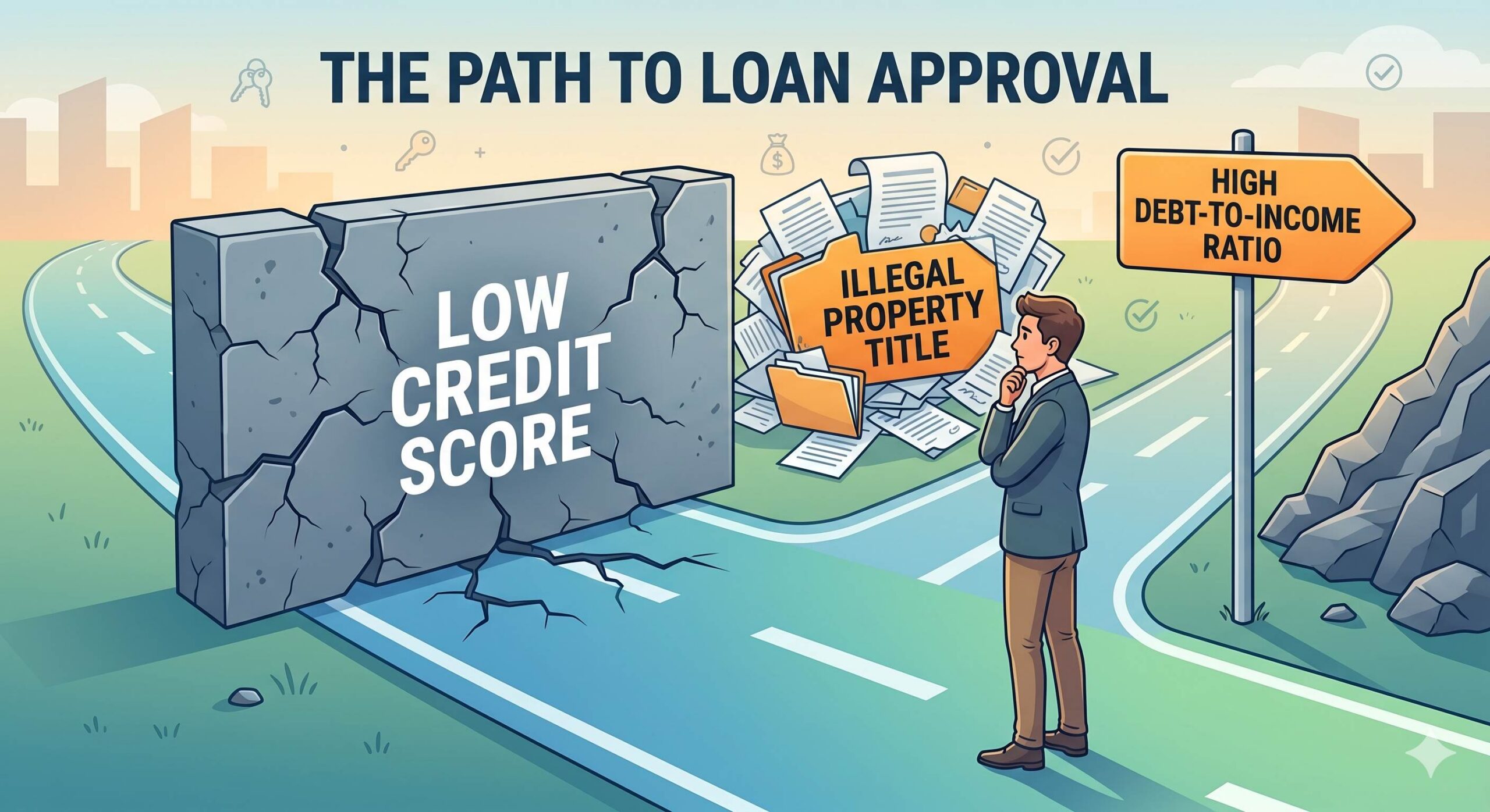 A digital illustration showing a borrower on a path toward loan approval facing obstacles like a 'Low Credit Score' wall and messy paperwork.