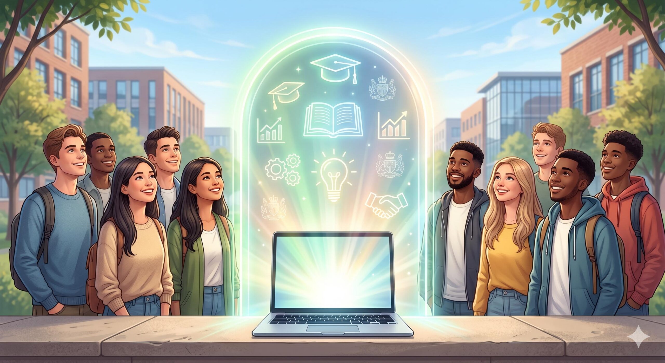 A diverse group of smiling students looking hopefully towards a glowing digital gateway representing educational opportunities and modern university buildings.