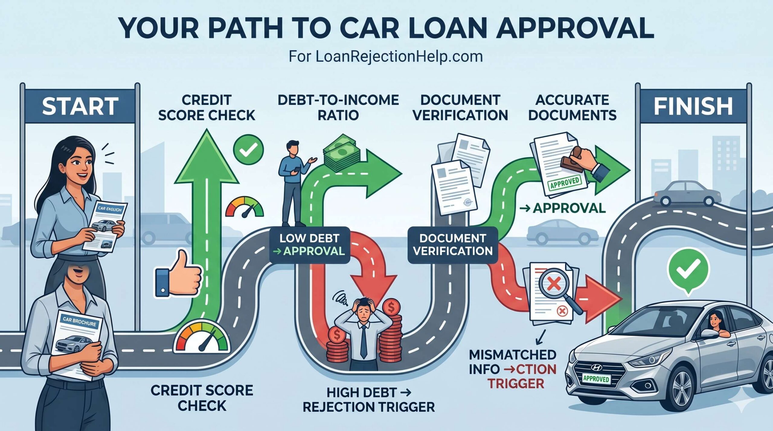A flowchart illustrating the typical checkpoints for car loan approval versus rejection triggers.