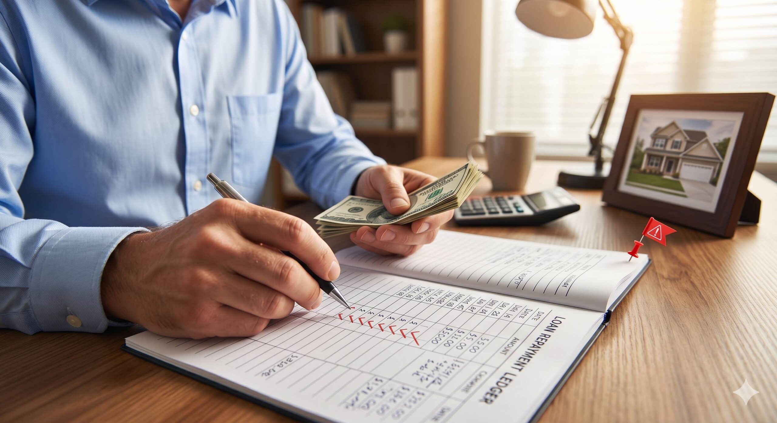 A focused photo of a person organizing cash and a ledger on a desk, with a subtle house photo and red warning flag in the background.