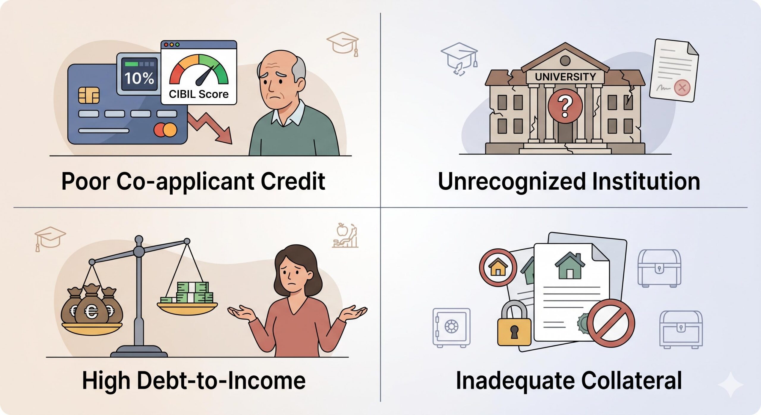 A four-panel illustration conceptually showing common pitfalls like low credit and inadequate collateral that can lead to education loan rejection.