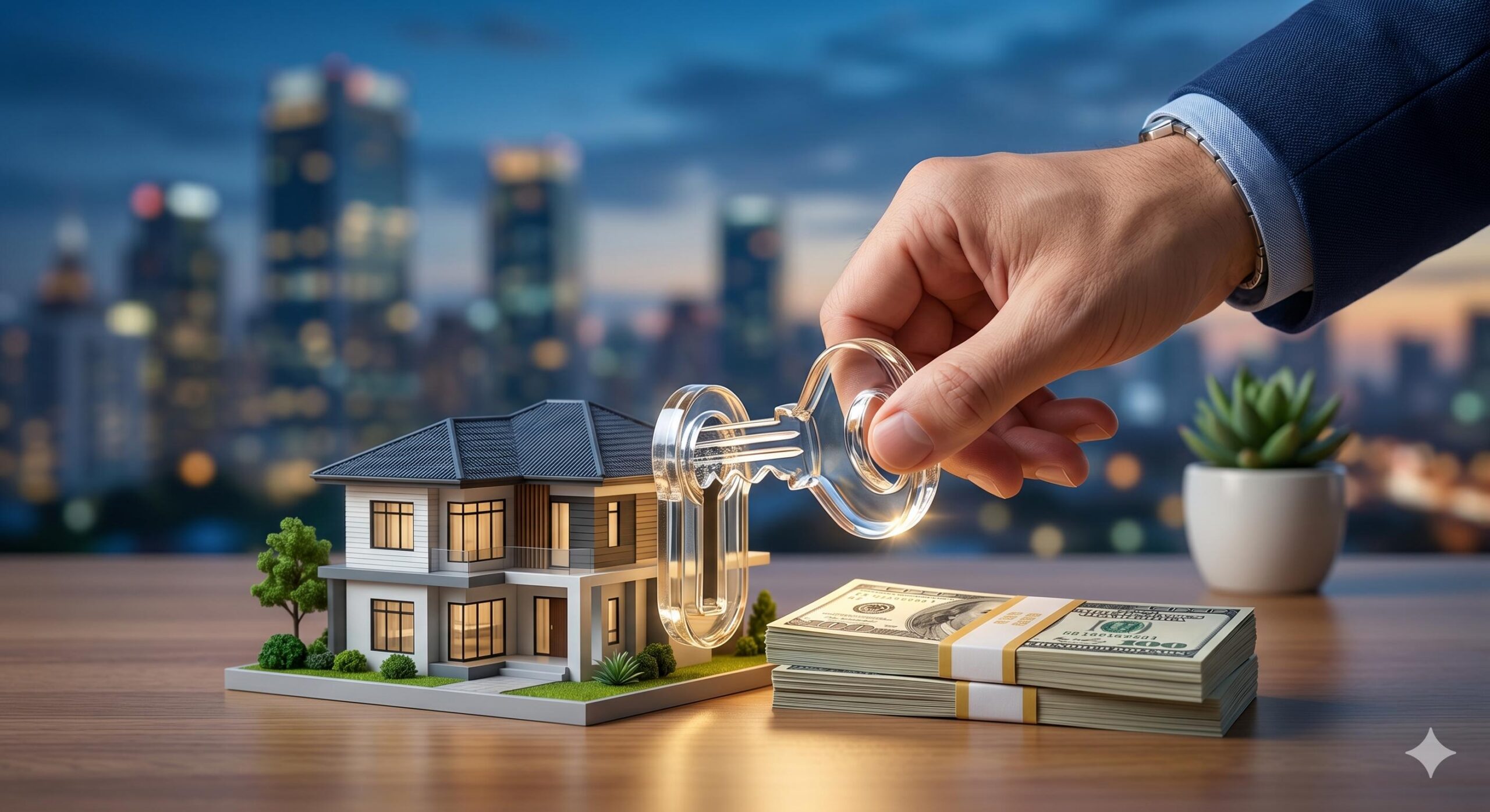 A hand unlocking property value, conceptualizing a Loan Against Property.