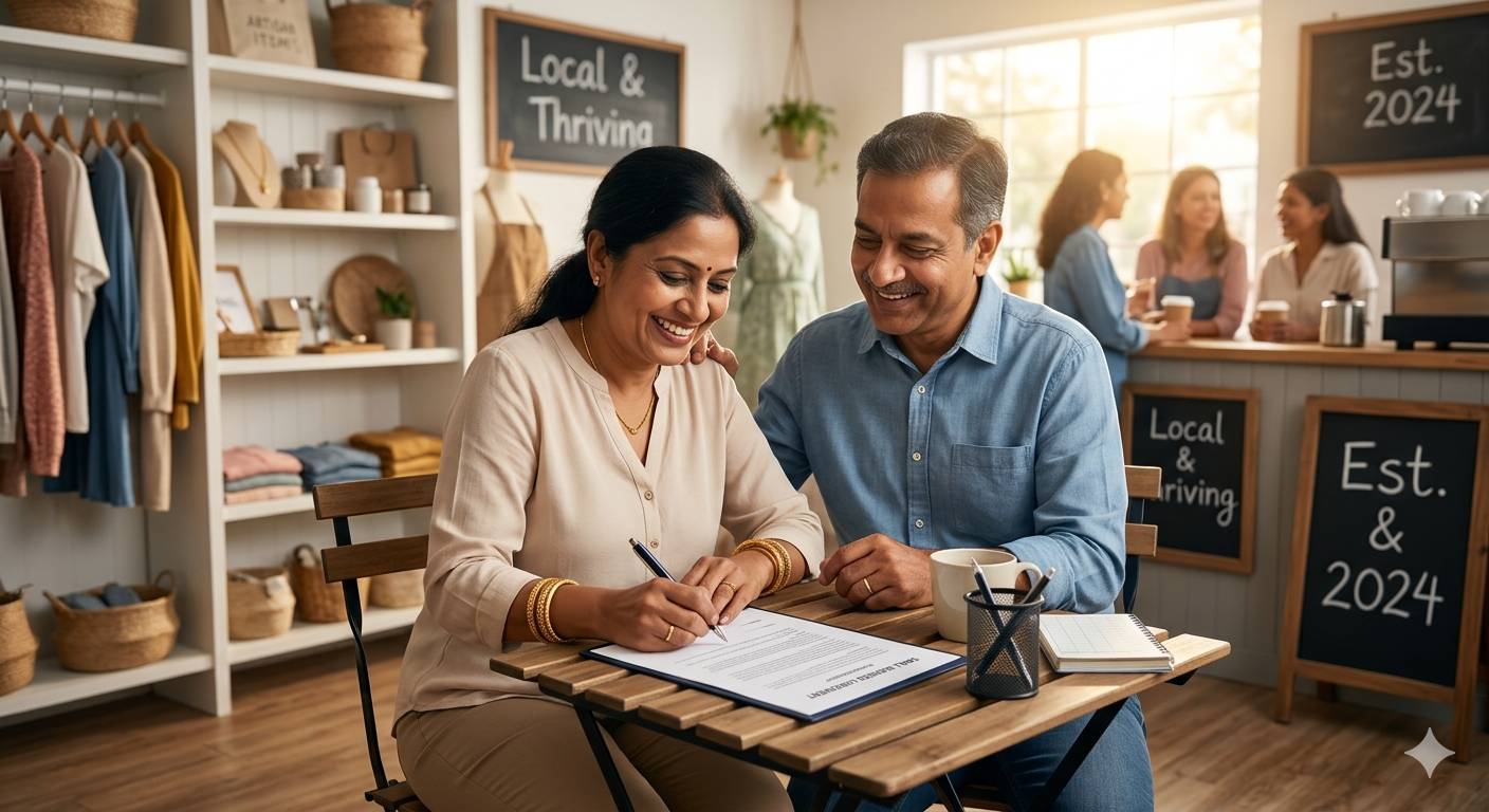 A happy couple signs documents in front of their successful small business, implying responsible loan usage and safe return of collateral. (1)