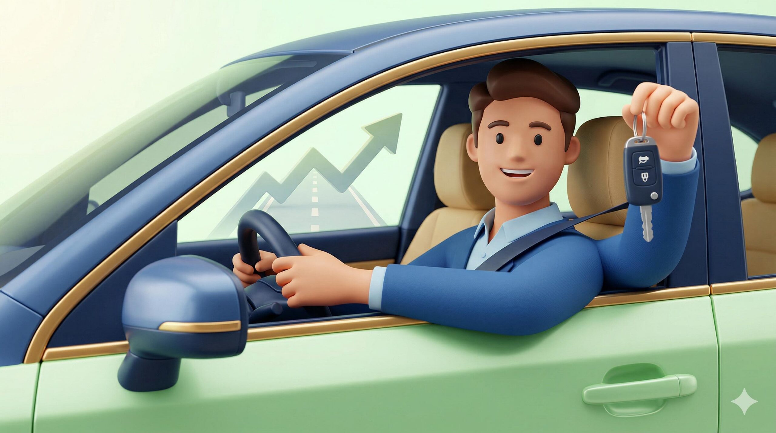 A happy driver holding keys to a new car, symbolizing successful auto financing approval.