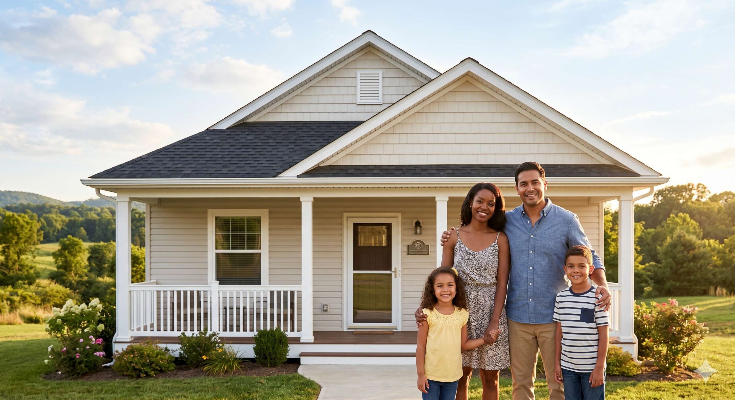 A happy family standing in front of an inviting, well-maintained semi-rural single-family home.