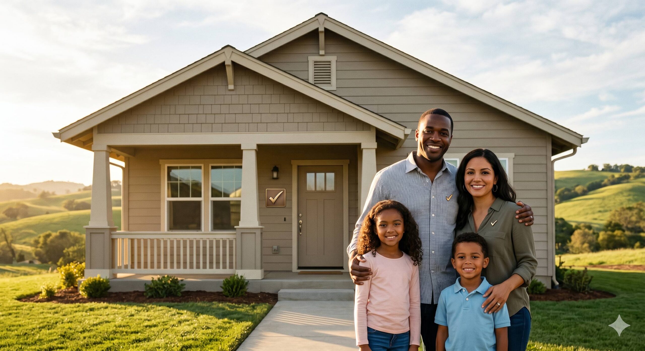 A happy family standing in front of an inviting, well-maintained semi-rural single-family home.