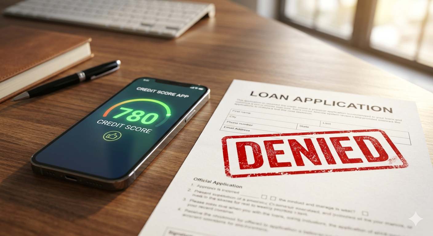 A high credit score of 780 displayed on a smartphone sitting next to a paper loan application stamped 'Denied'.