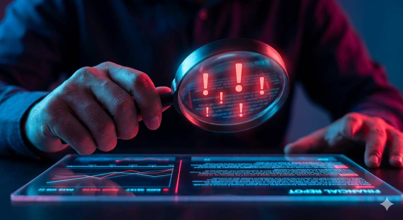 A magnifying glass hovering over a digital financial report, revealing multiple red exclamation point warning alerts.