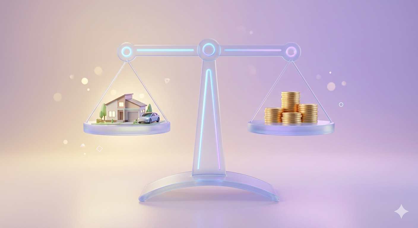 A perfectly balanced glass scale representing financial harmony between personal assets and income.