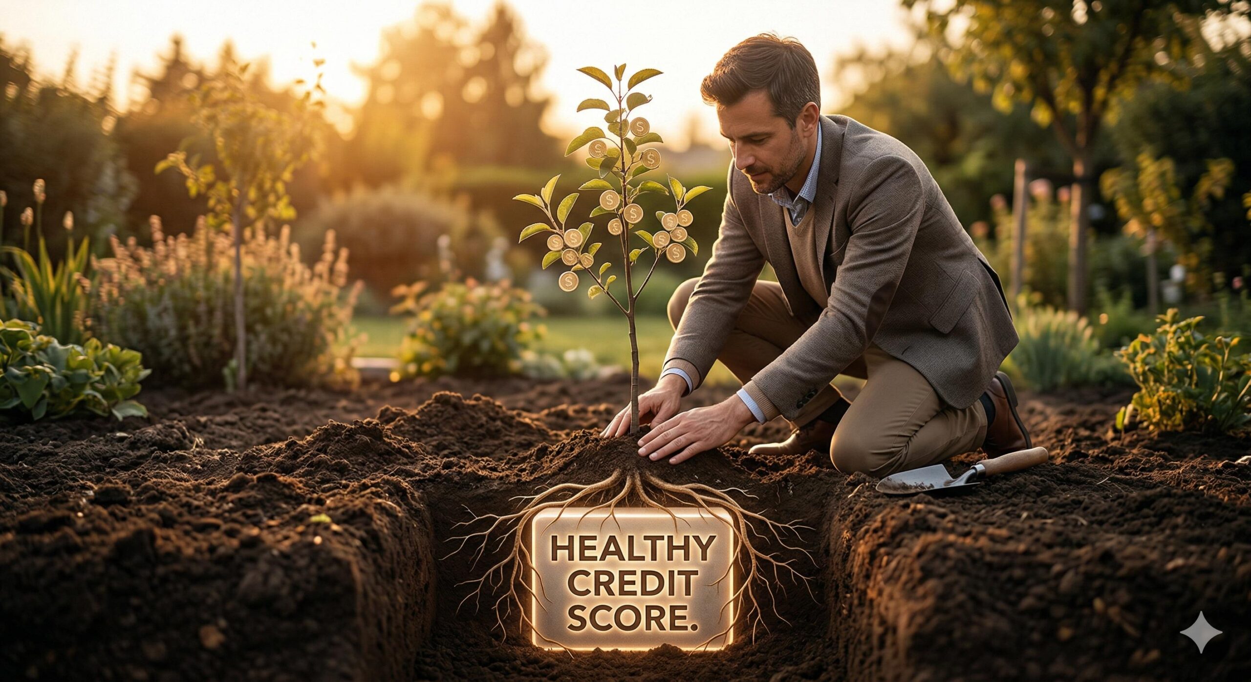A person planting a tree whose roots are secured by a strong credit score.