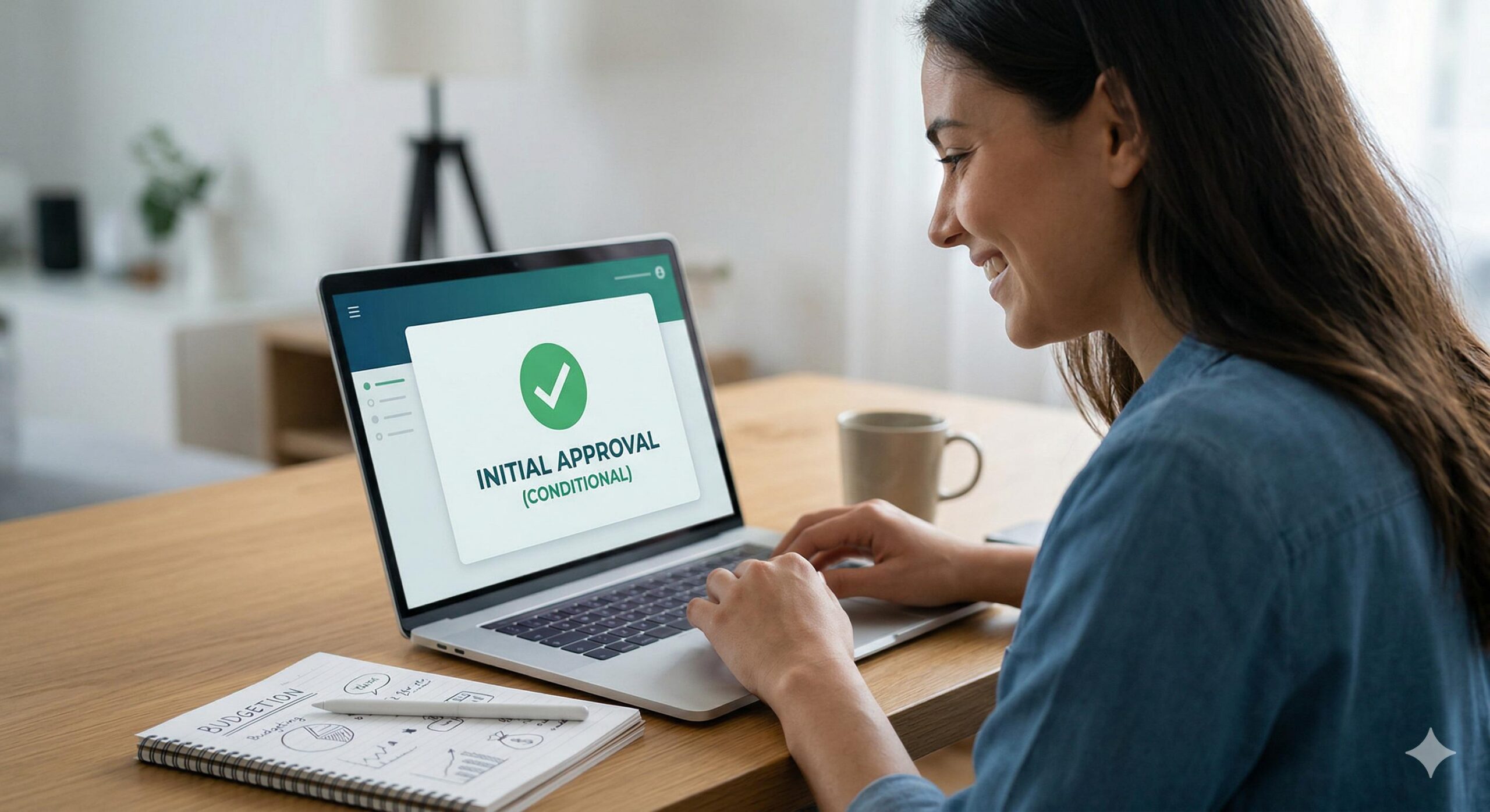 A person receives an initial conditional approval for a loan on their laptop while budgeting.