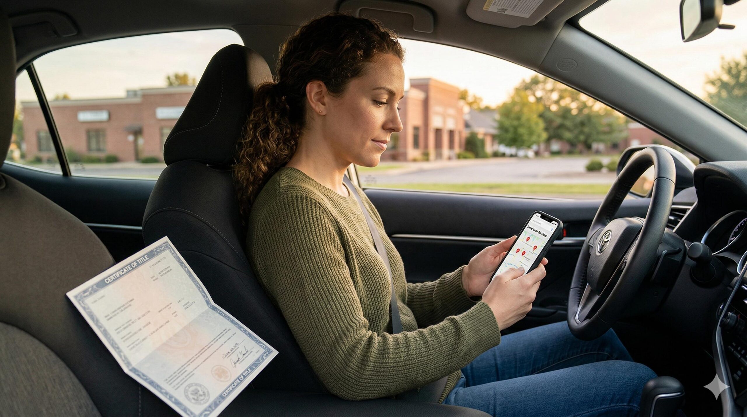 A person searching on a phone in their car next to the vehicle title.