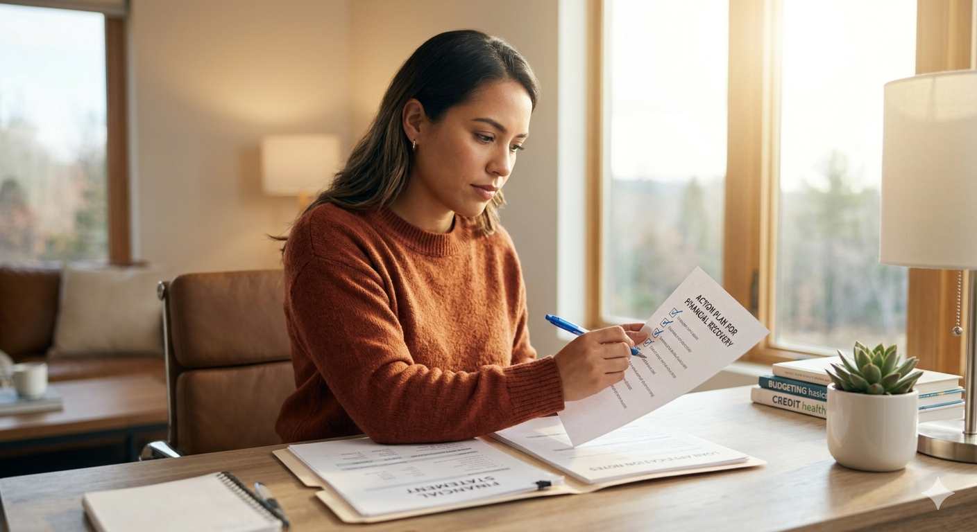 A person sitting at a sunlit desk, confidently reviewing documents and checking off items on a financial action plan.