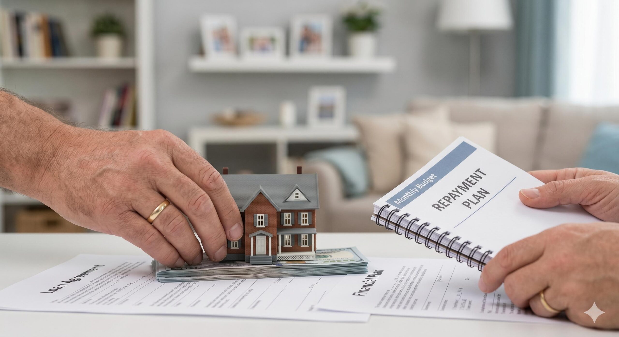 A photo symbolizing responsible borrowing and property asset protection.A photo showing responsible borrowing symbolized by securing a house model on a budg