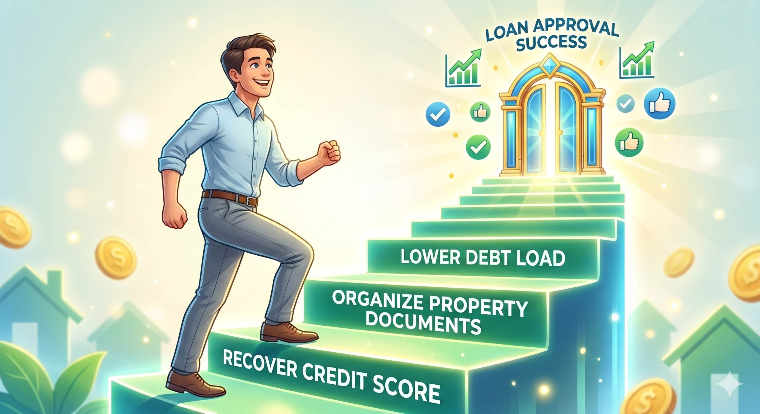 A positive digital illustration showing a smiling person climbing steps labeled with actions to improve their loan application towards success.