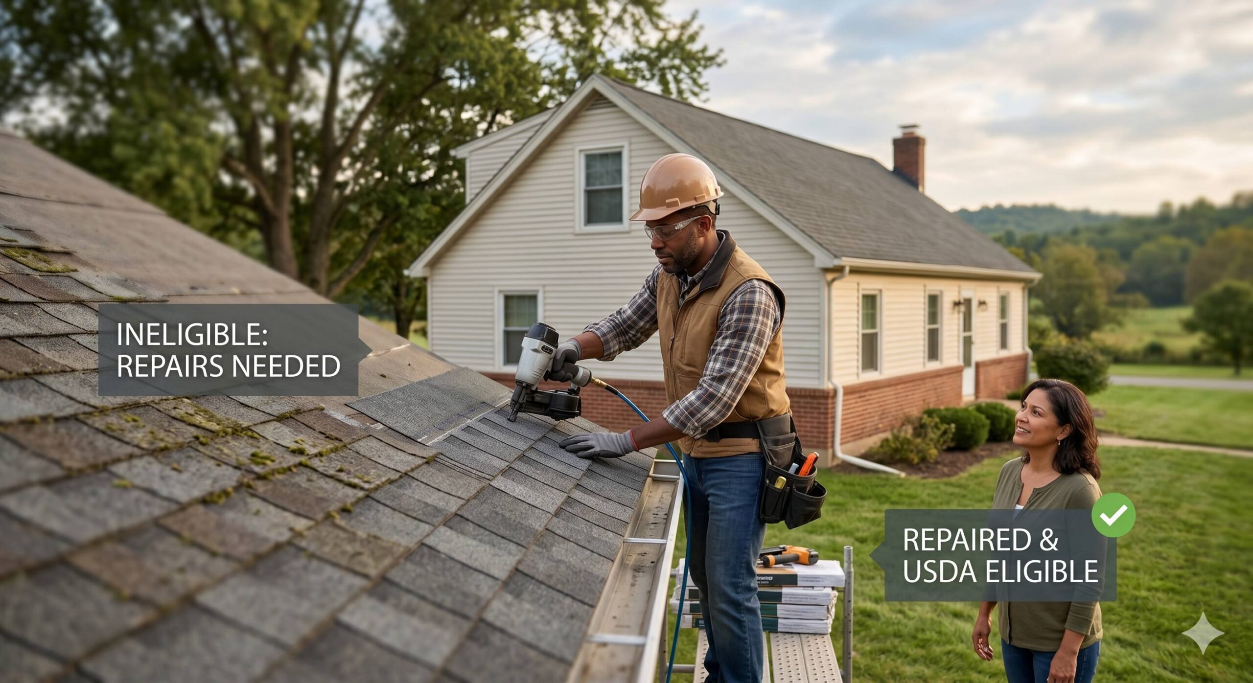 A proactive image of expert repair work on a home, illustrating resolution of identified condition issues to achieve USDA eligibility.