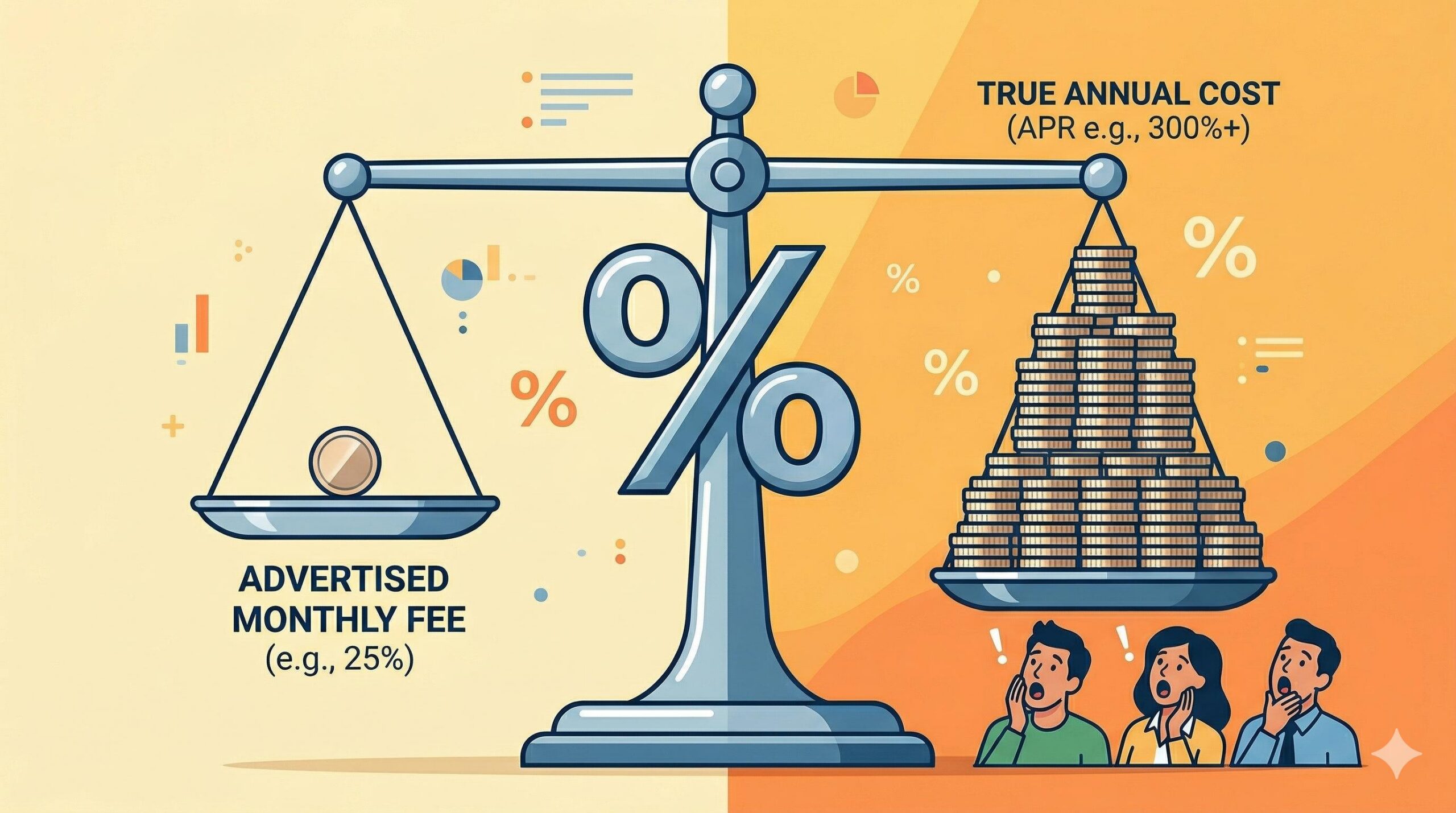 A scale comparison showing the massive difference between monthly fees and APR.