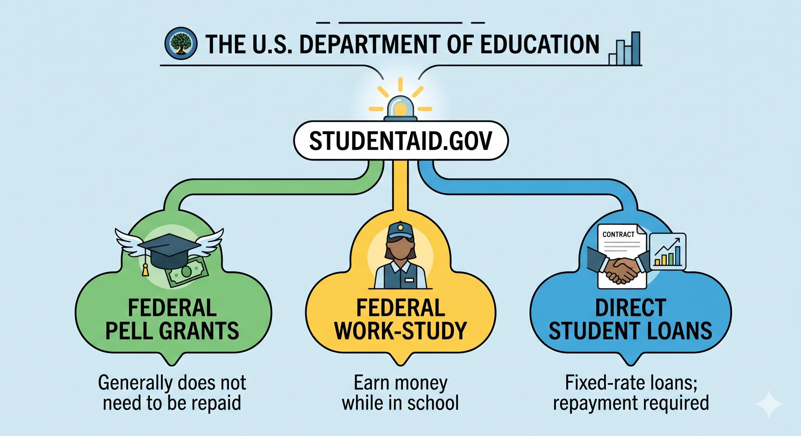 A simple infographic showing StudentAid.gov as the gateway to Pell Grants, Federal Work-Study, and Direct Student Loans.