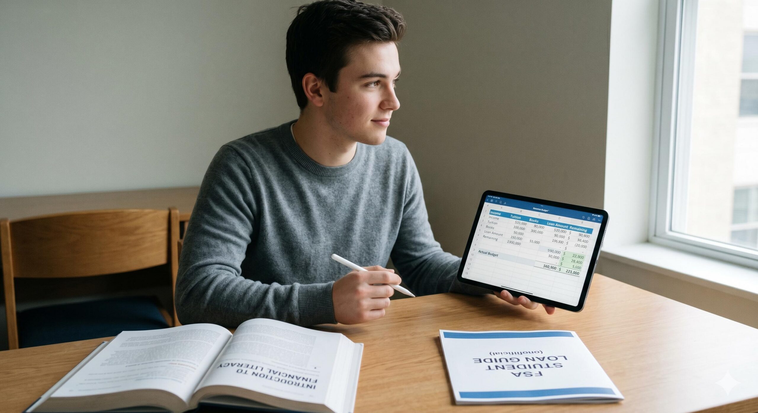 A student actively balancing their budget and planning their student loan borrowing responsibly.
