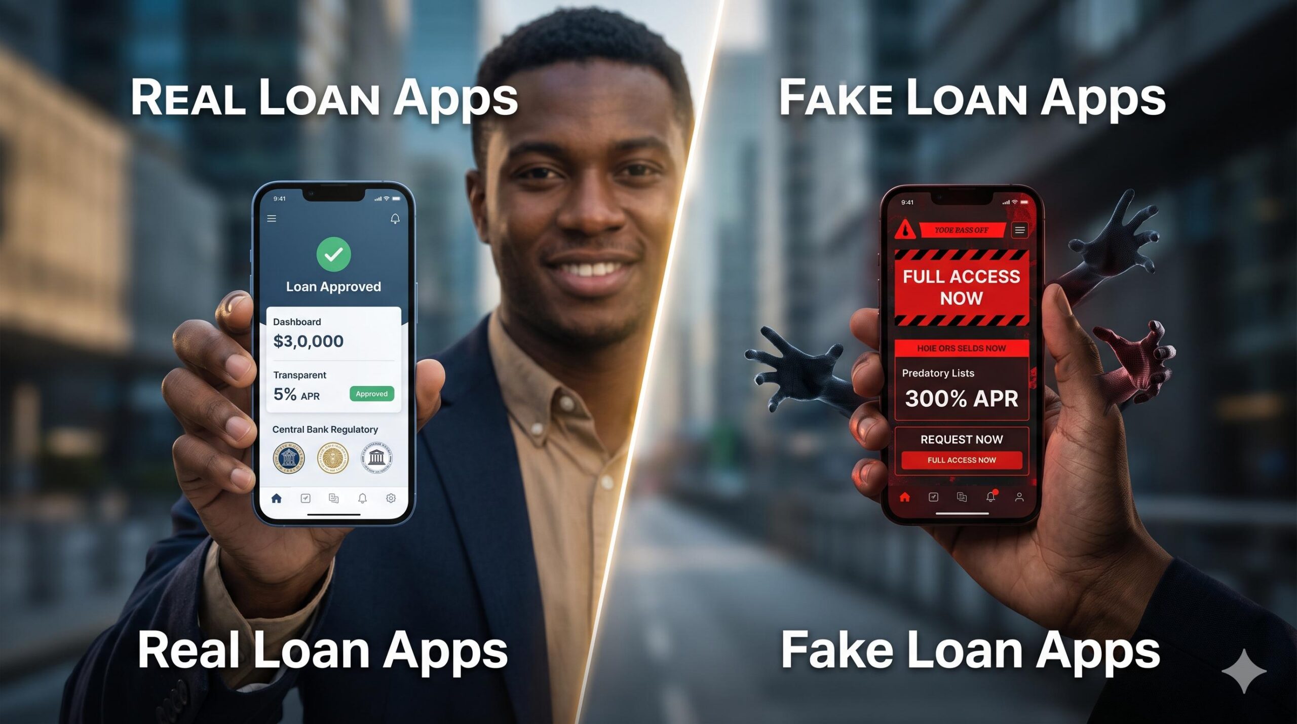 A visual comparison of a secure digital loan app and a predatory fake app.