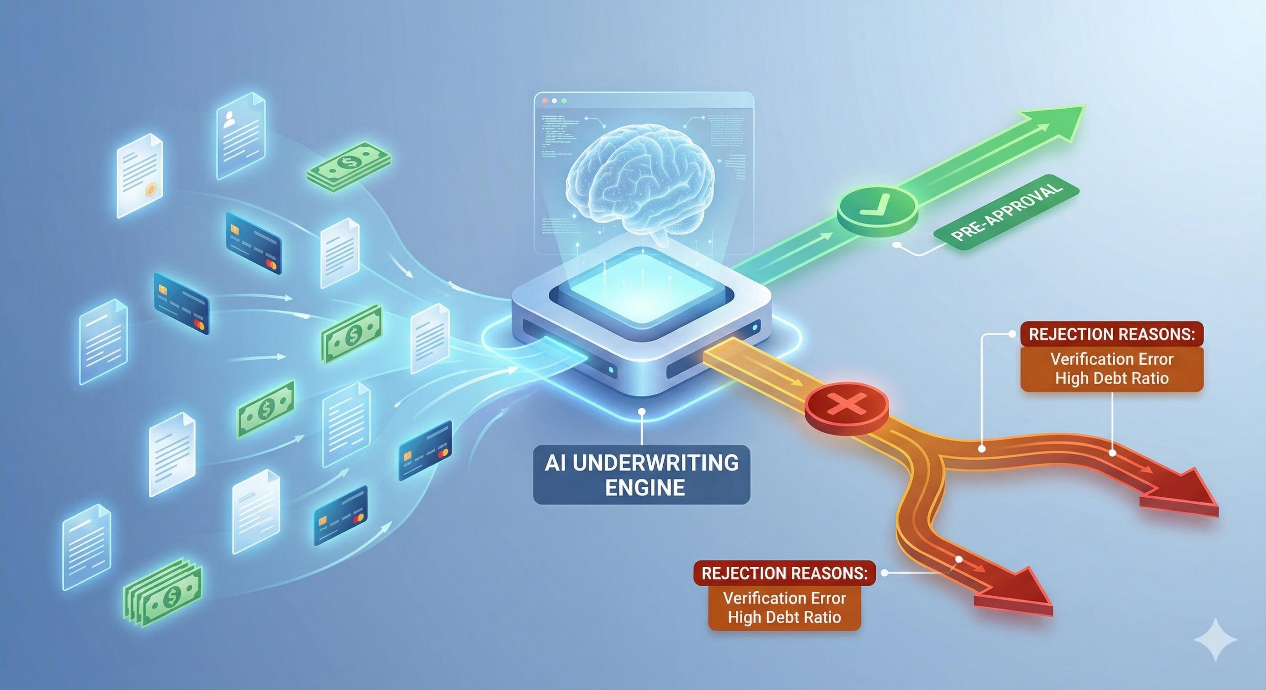 A visualization of data entering an automated loan processing algorithm.