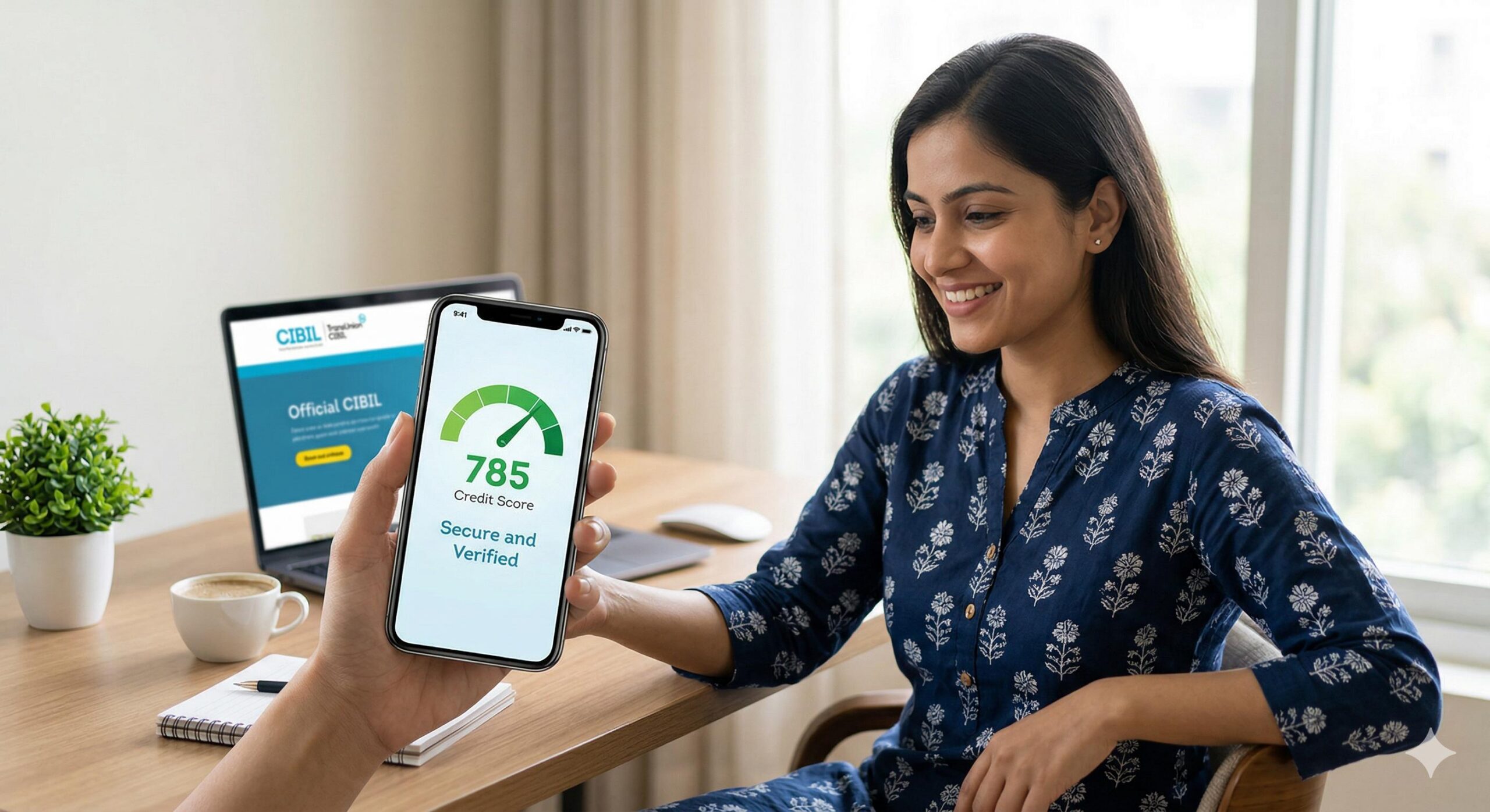 A young Indian woman confidently checking her high credit score on her smartphone via the official CIBIL portal.