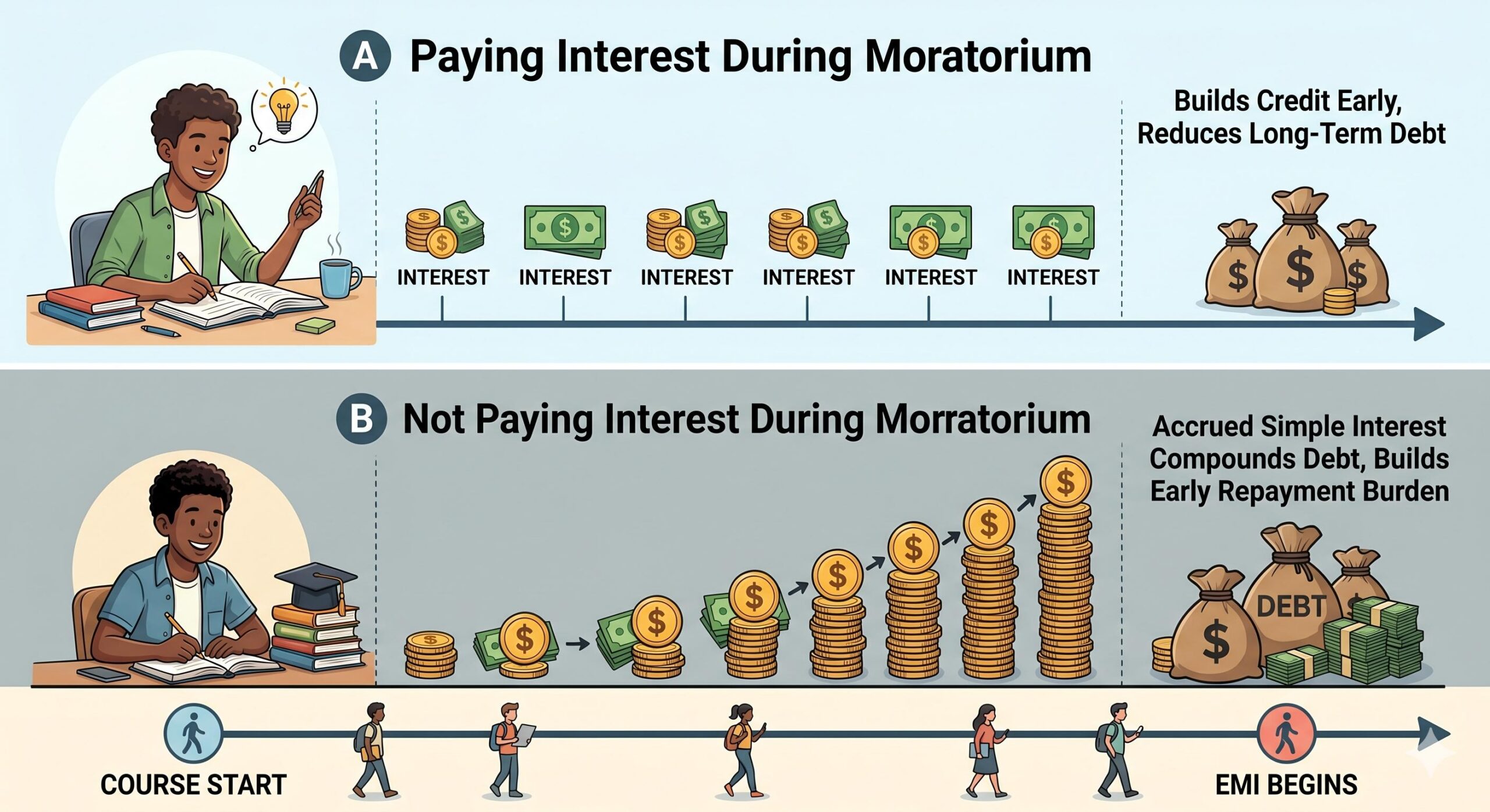 An educational illustration comparing the financial difference between paying interest and not paying it during the education loan moratorium period.