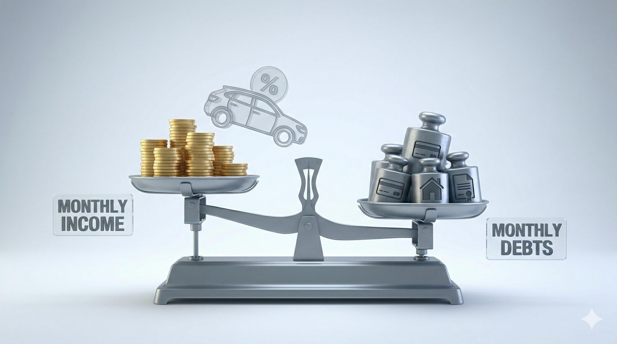 An illustration of financial balance scales tipped by heavy debt icons, indicating a high DTI ratio.