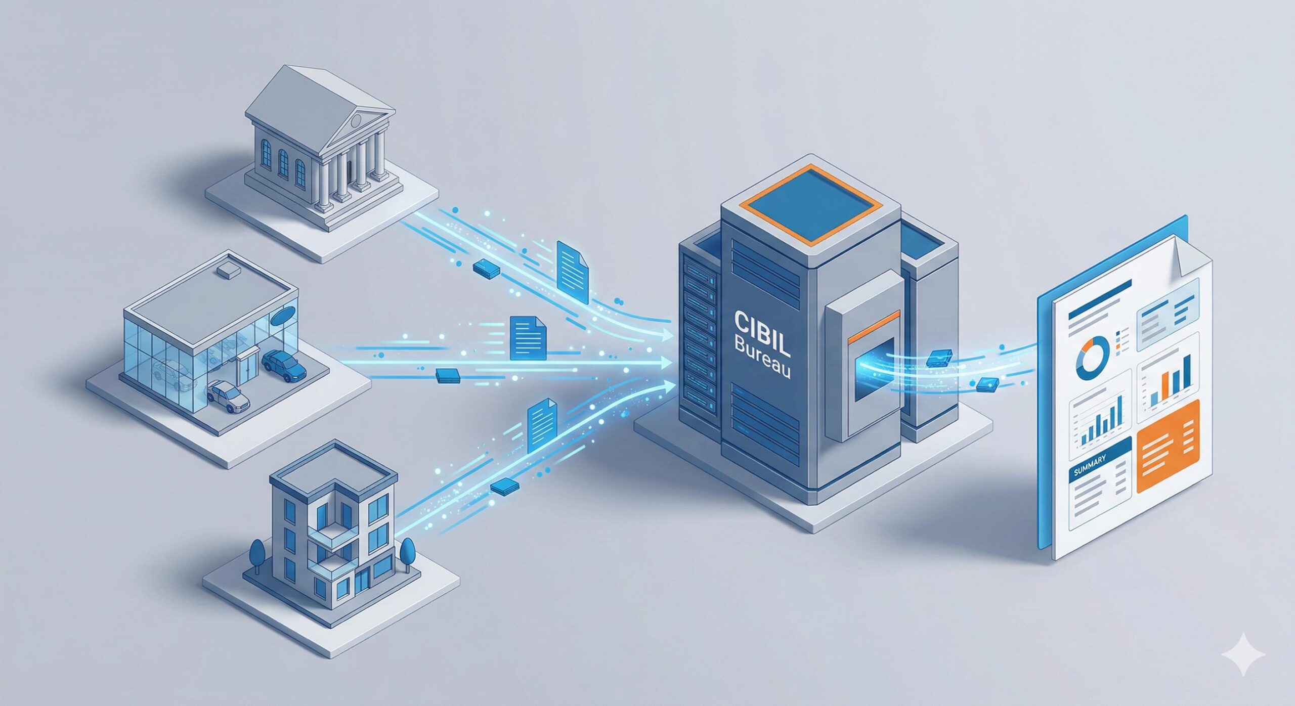 An illustration showing how banks send borrower data to the CIBIL bureau, which compiles it into a credit report.