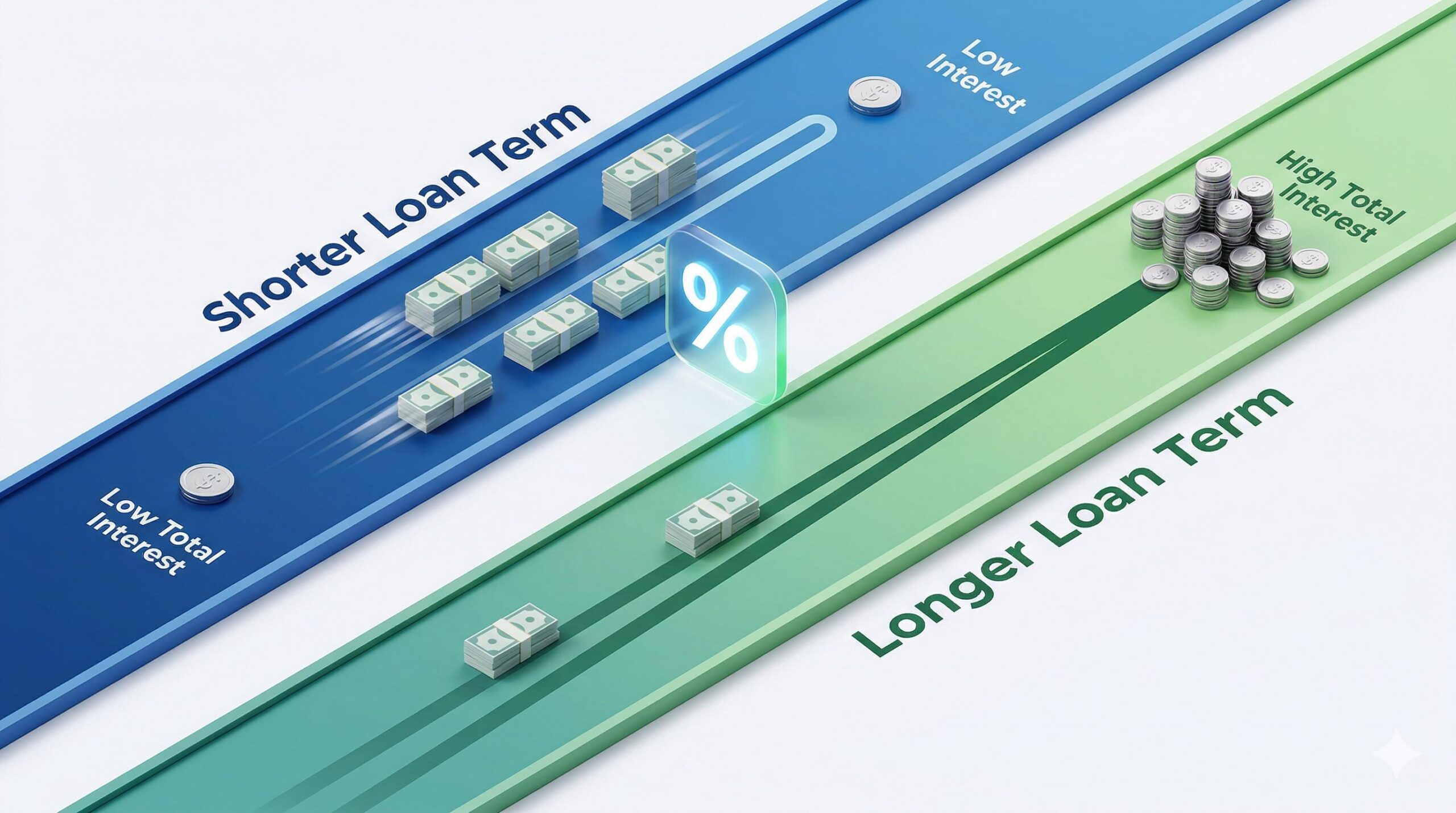 An infographic comparing how different loan terms affect monthly payments and total interest paid.