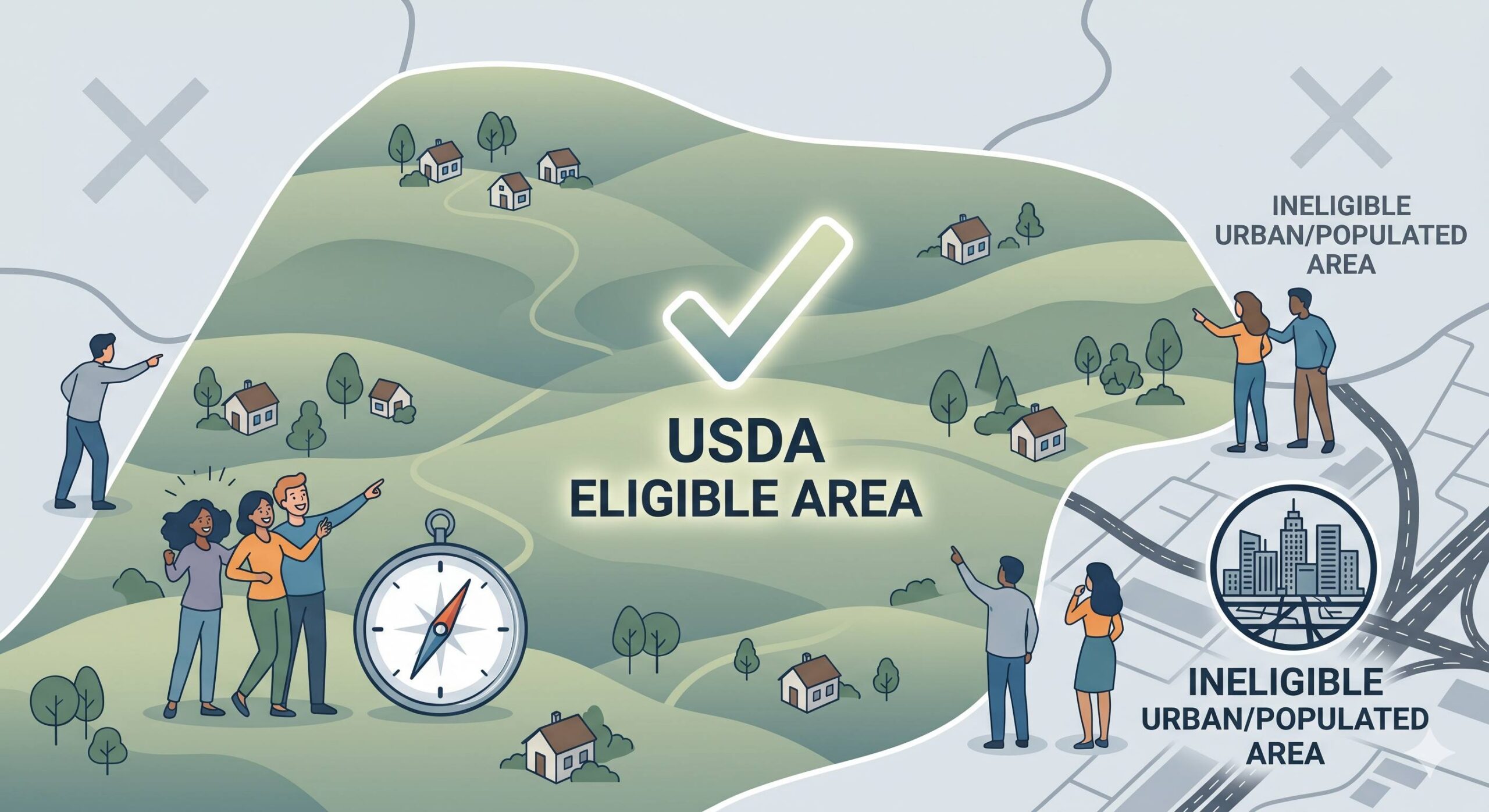 An infographic map showing a large 'USDA ELIGIBLE AREA' with rolling hills and homes, contrasted with an implicit denser city and 'INELIGIBLE' zones.