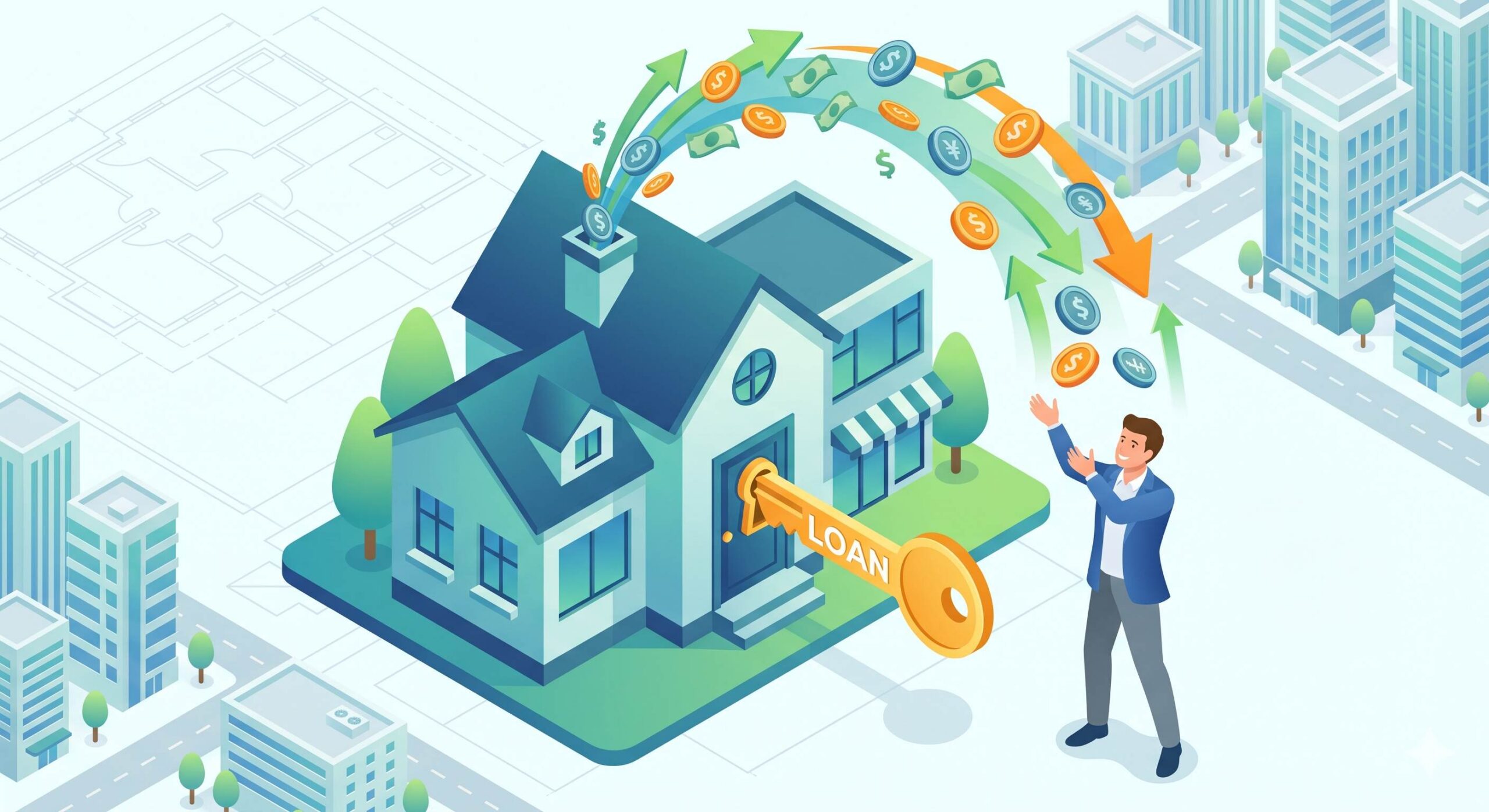 An isometric illustration showing a house being unlocked with a 'Loan' key, releasing a stream of coins and growth arrows.