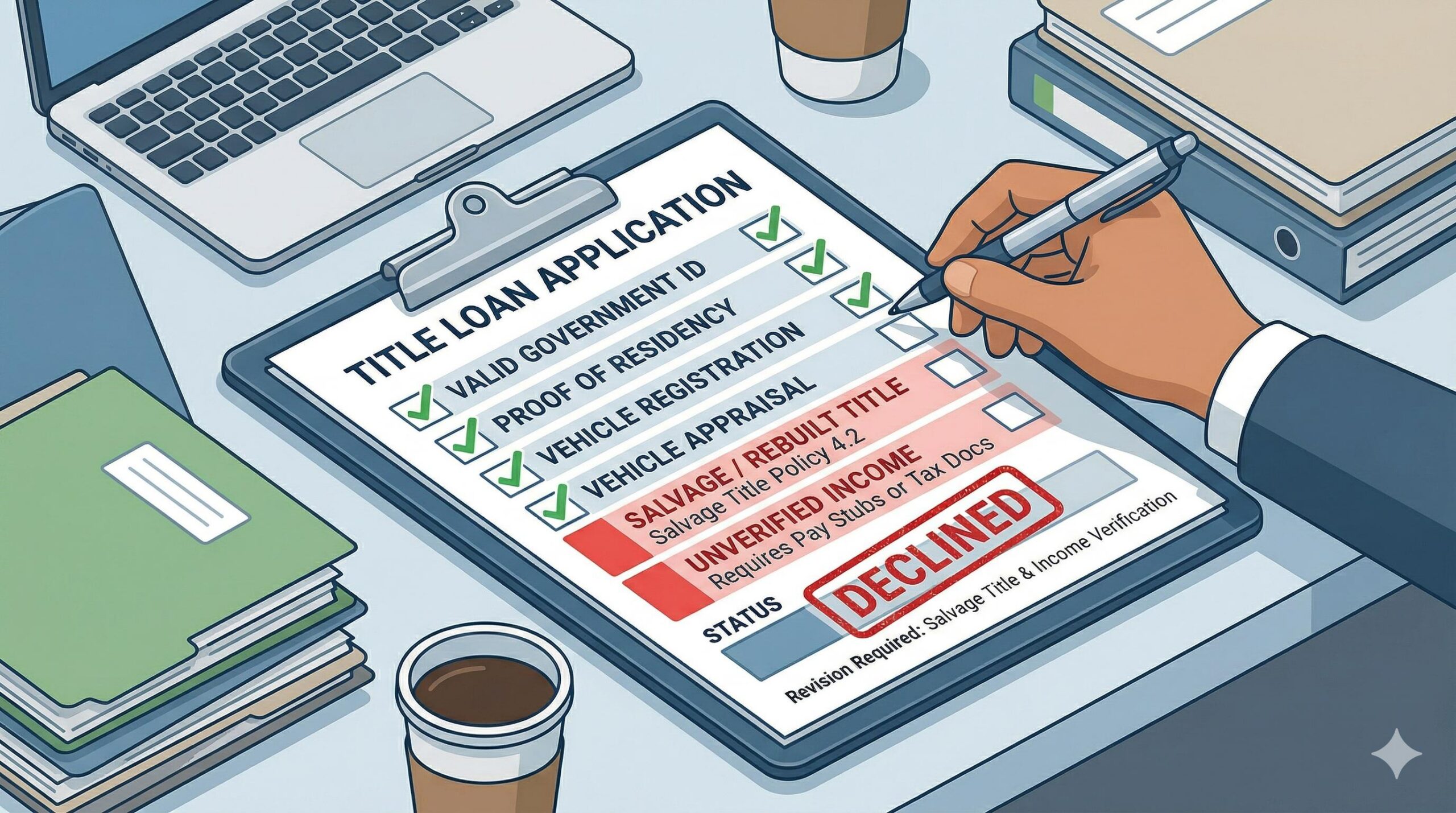 Application on a clipboard where flags for salvage title and income cause a declined status. 
