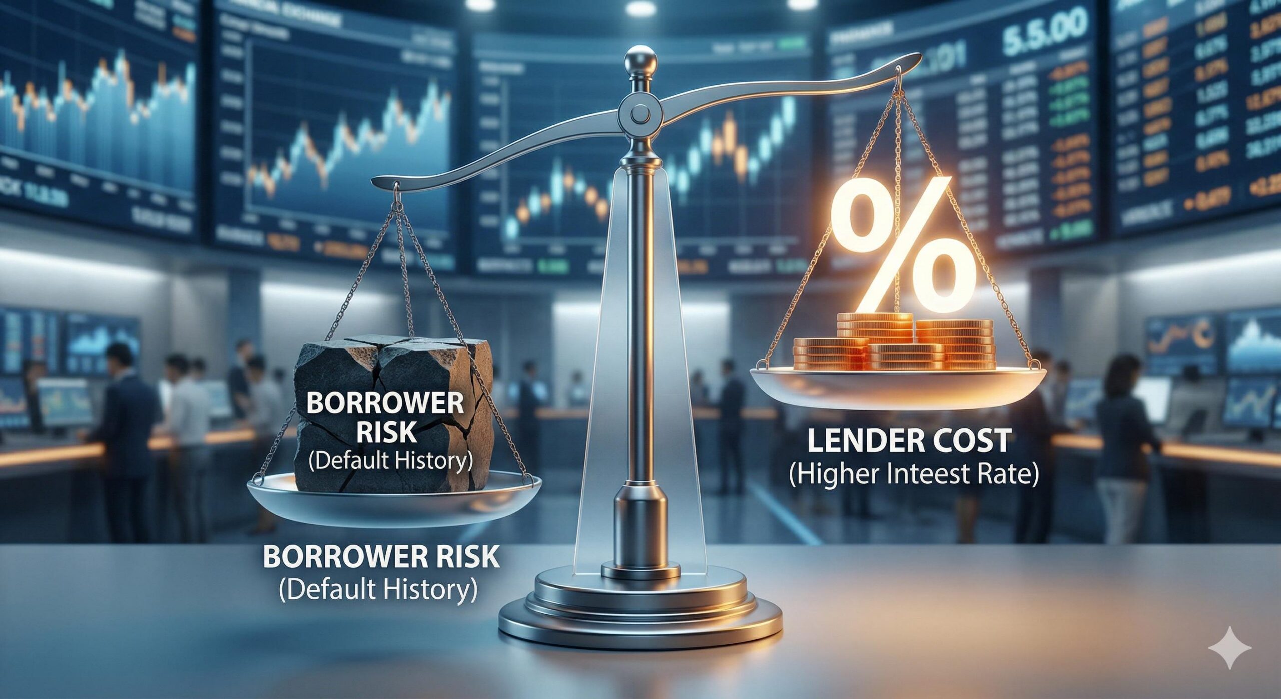 Balancing scale showing how borrower risk affects interest rates.
