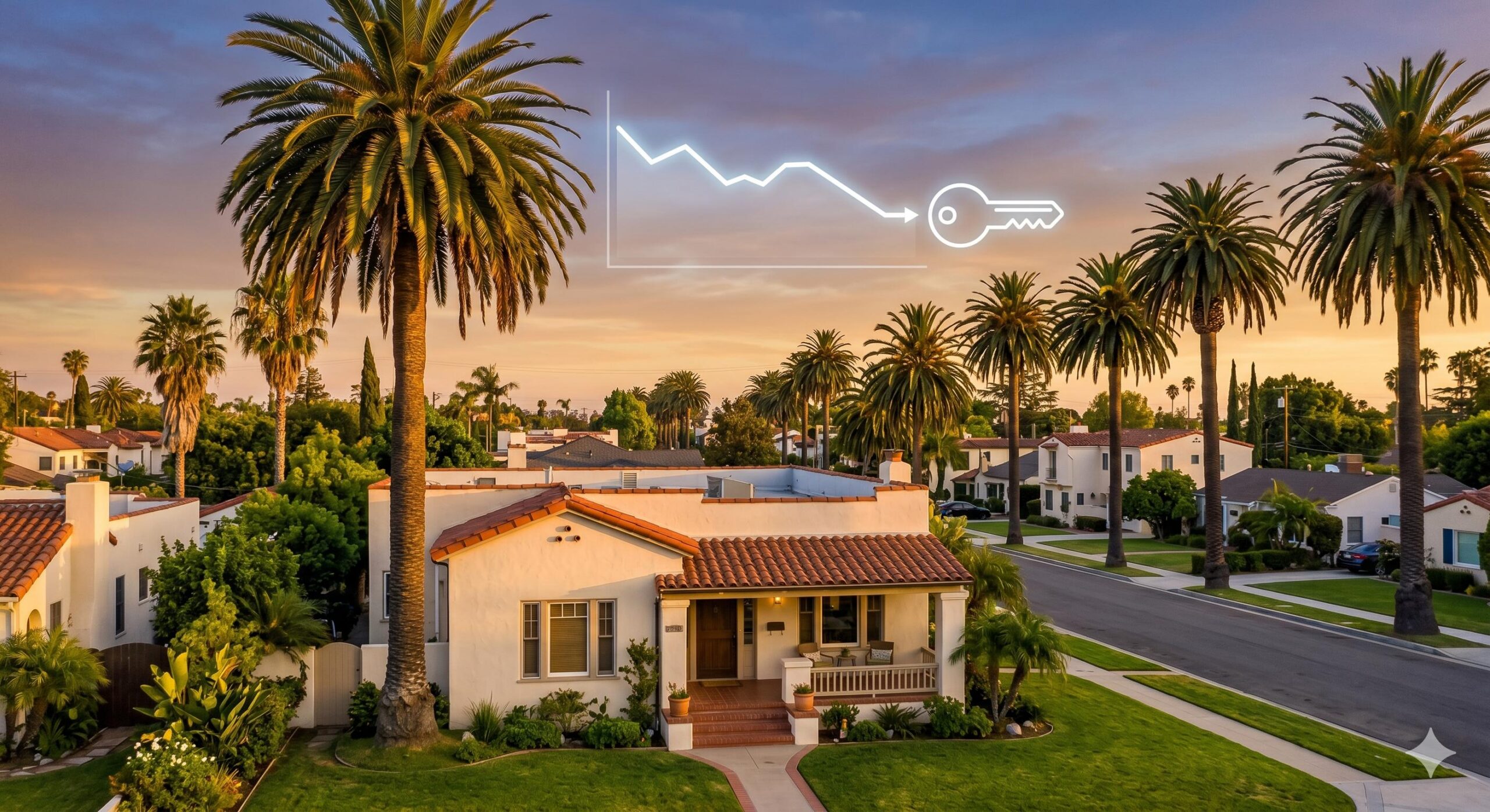 California home at sunset with a mortgage rate graph overlay.