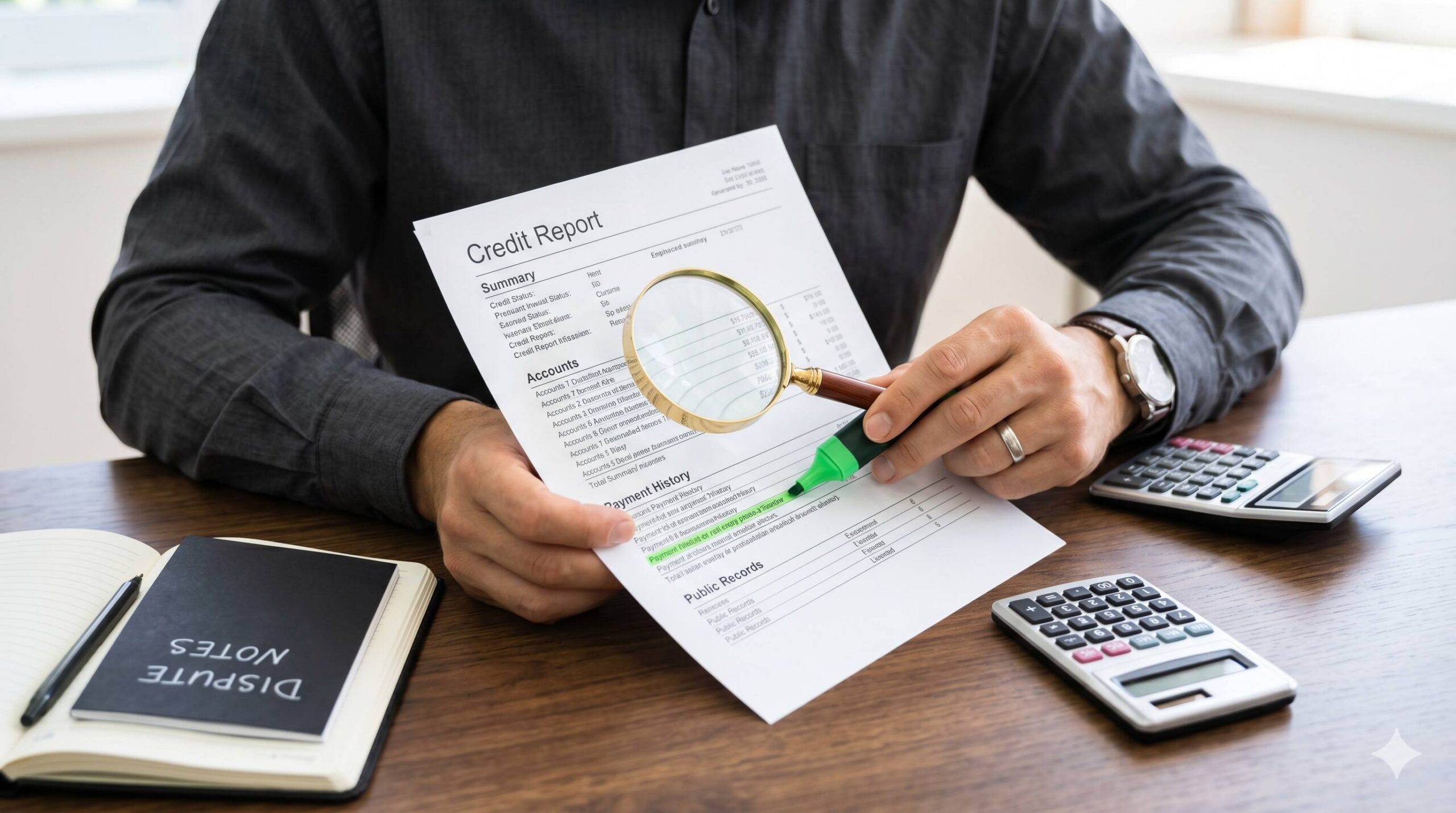 Close-up of a borrower using a magnifying glass and highlighter to check a printed credit report for errors.