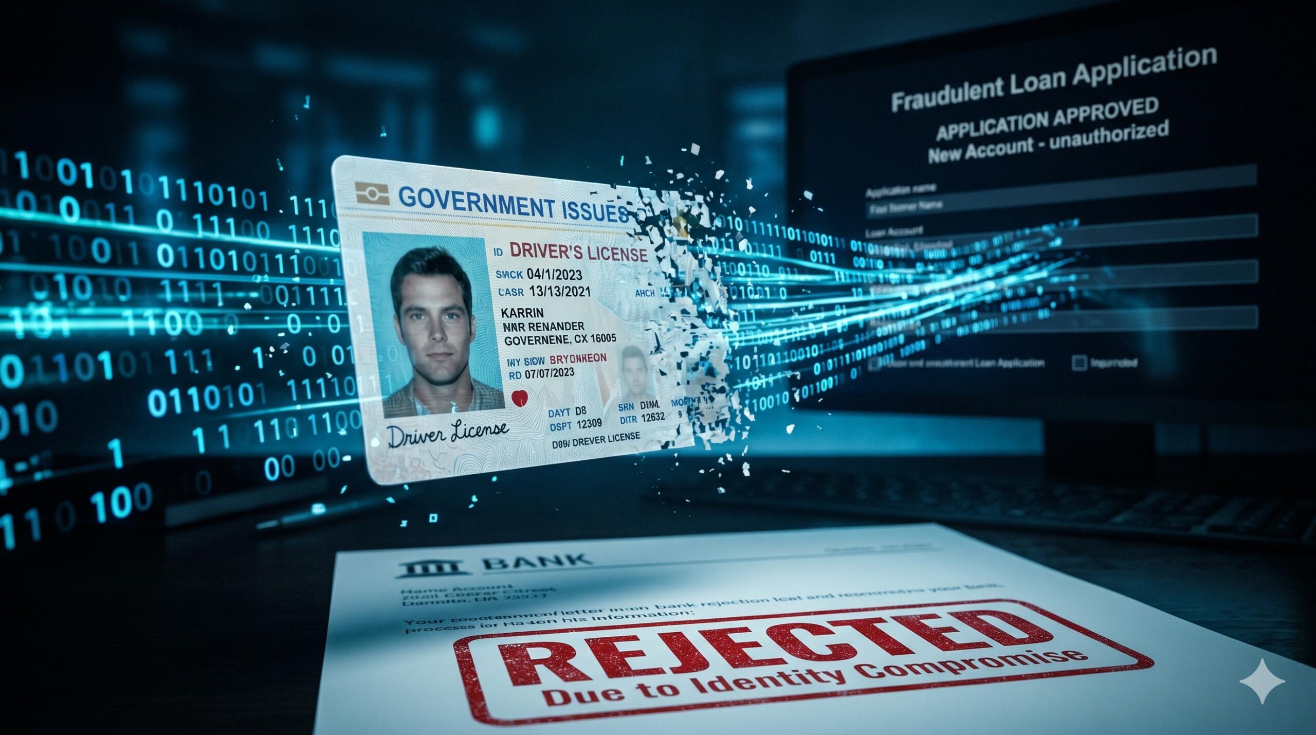 Conceptual image of a person's digital identity being fragmented by cybercriminals.