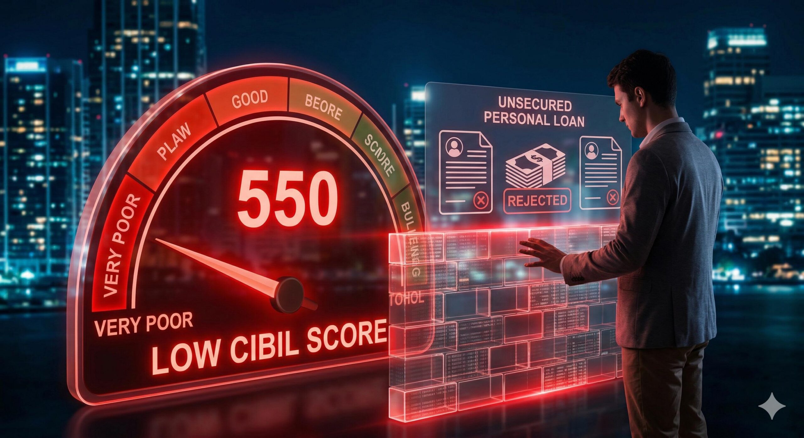 Conceptual photo of a low CIBIL score (550) blocking a person from accessing unsecured personal loan funds.