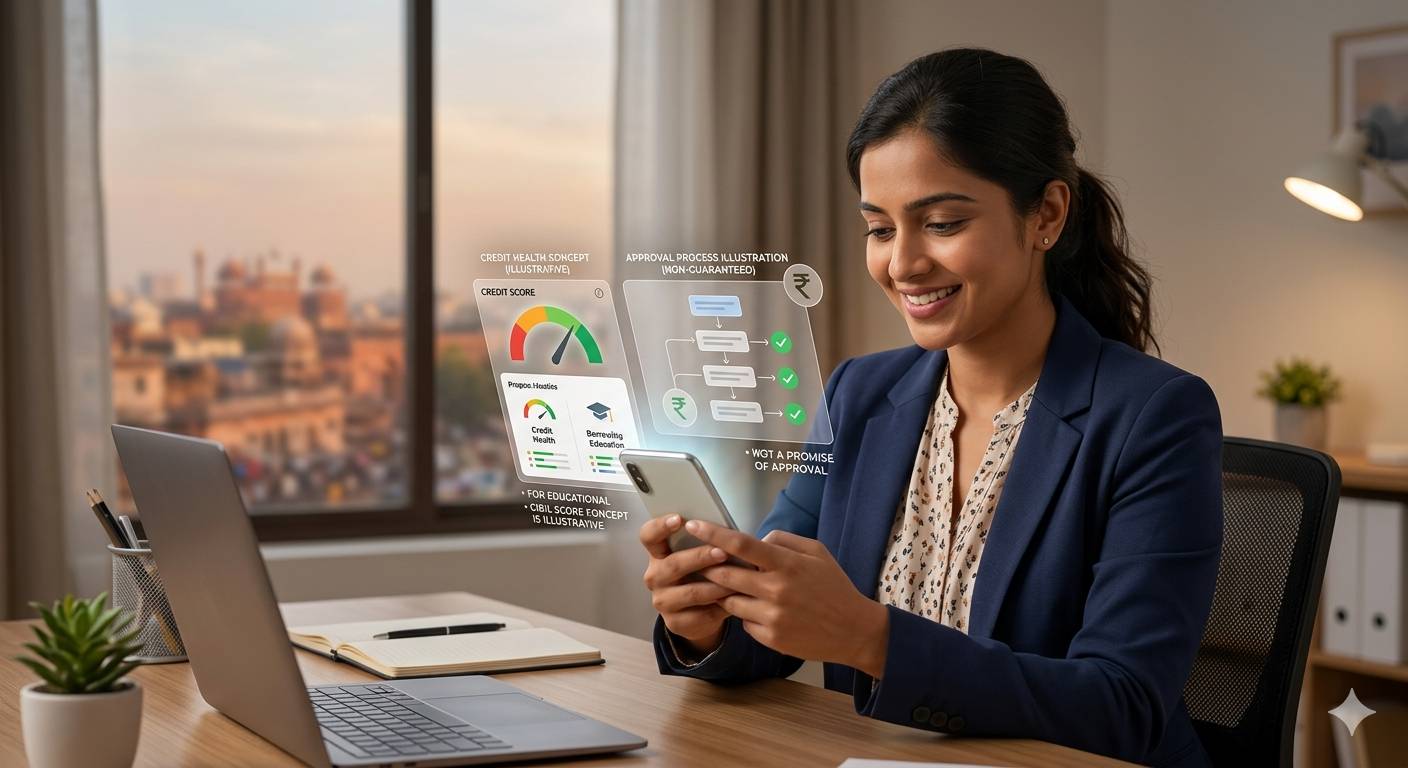 Confident diverse person accessing digital loan info responsibly with good illustrative credit.