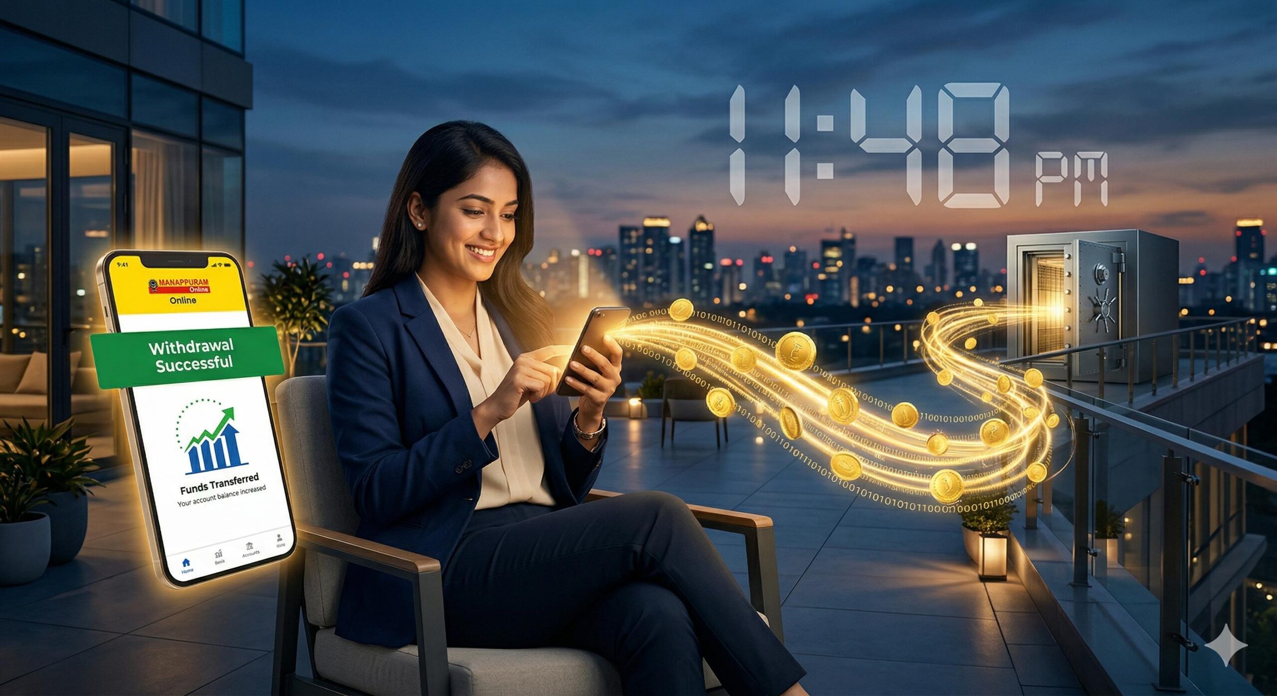 Confident woman using Manappuram Online app to successfully withdraw funds from a digital gold loan at night.