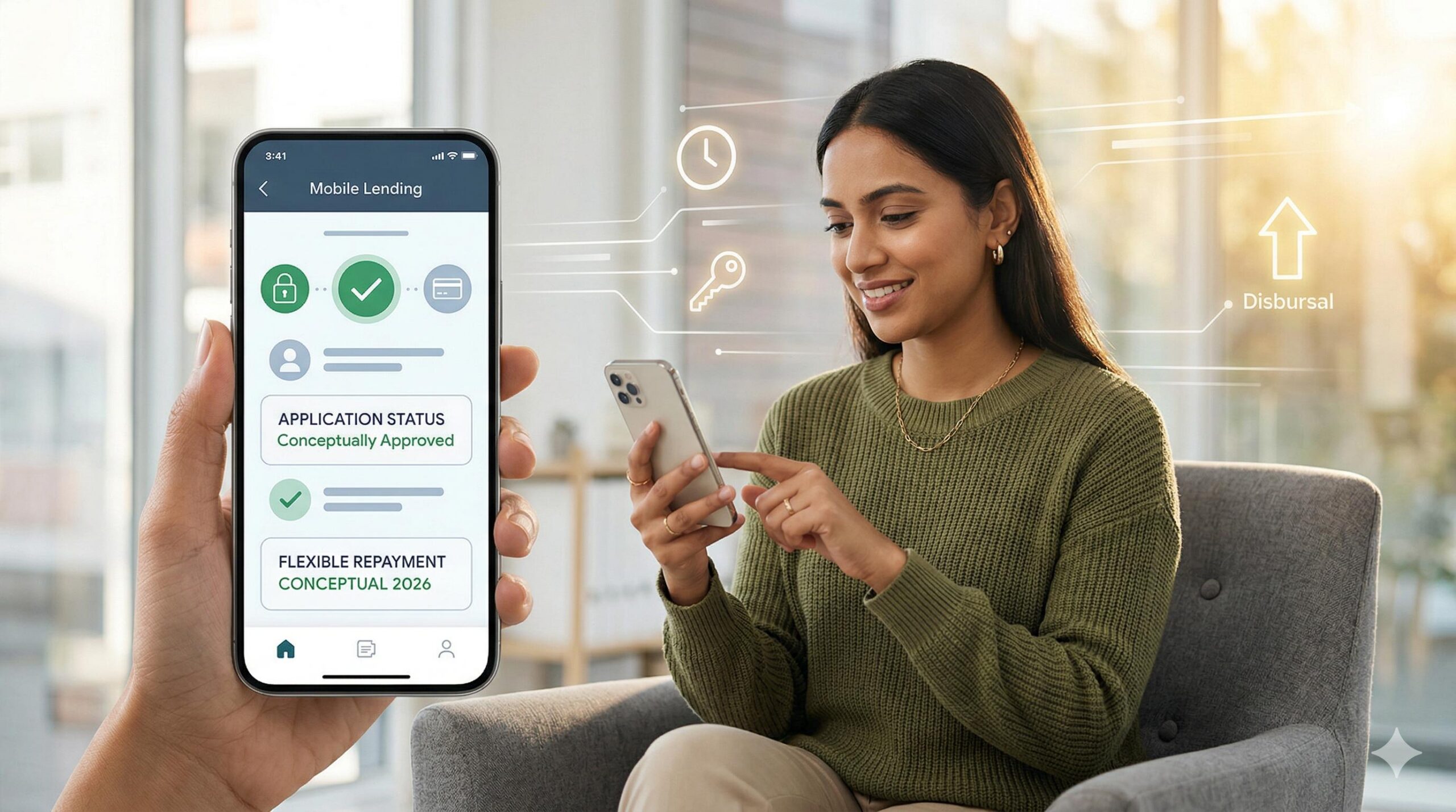 Confident young professional using an illustrative mobile lending app.