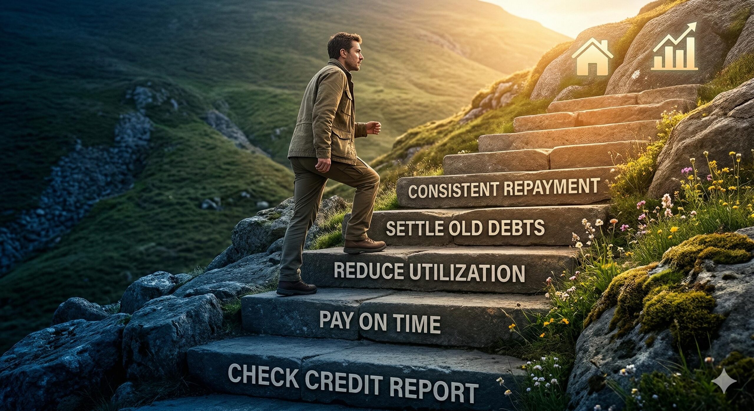 Determined individual realistically climbing a series of sunlit stone steps labeled with credit improvement actions towards a brighter future with friendly house and career icons.