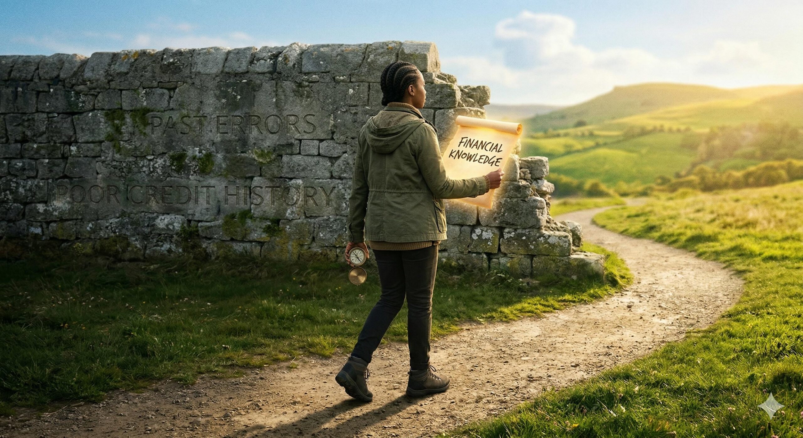 Determined individual uses a compass and knowledge scroll to walk a well-lit path that navigates around a metaphorical 'POOR CREDIT' obstacle towards a brighter future.