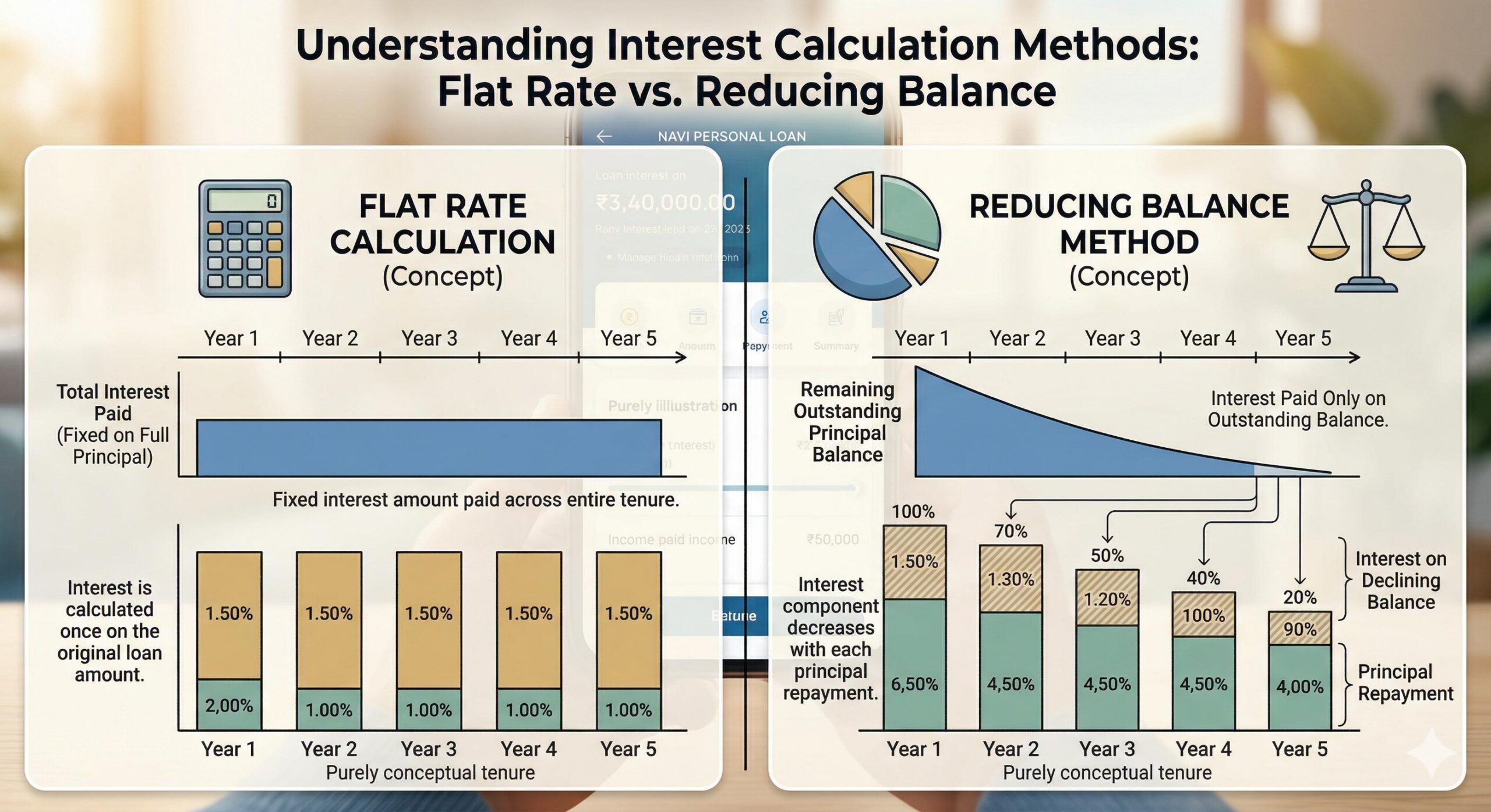 Diagram conceptually comparing flat rate vs reducing balance loan calculations.