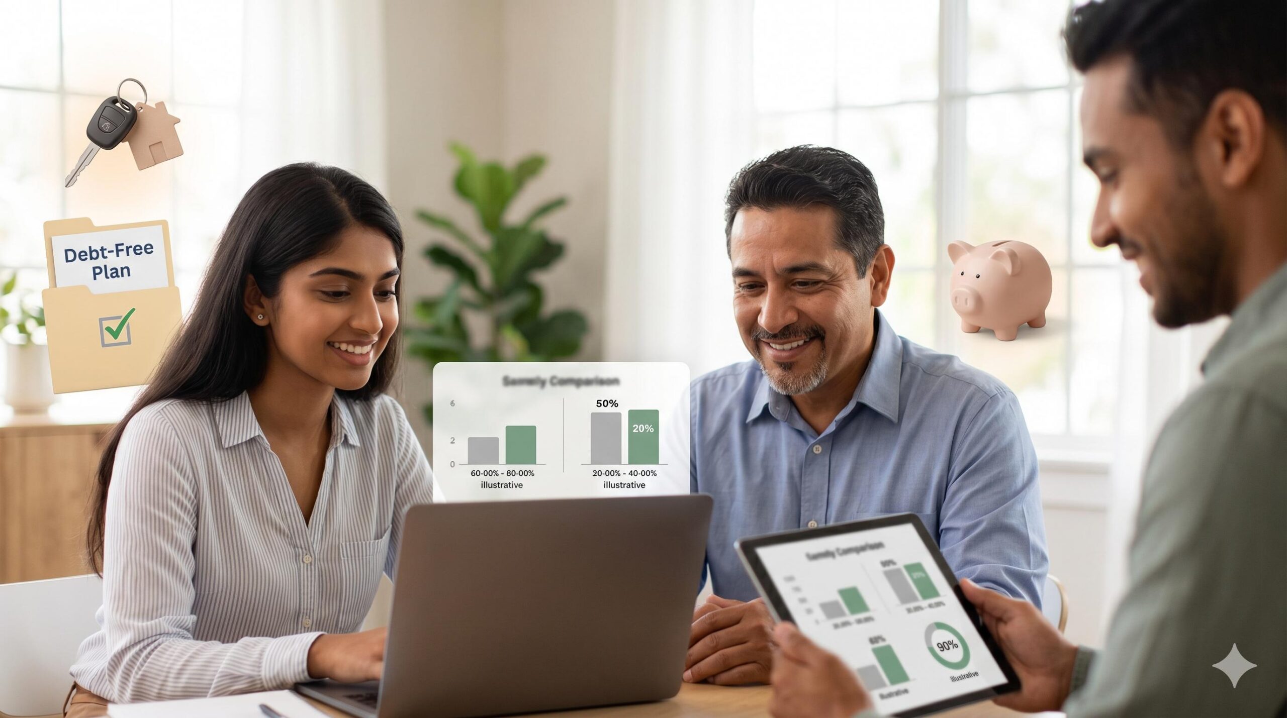 Diverse, relatable group comfortably comparing personal loan options on multiple devices, looking hopeful and prepared.