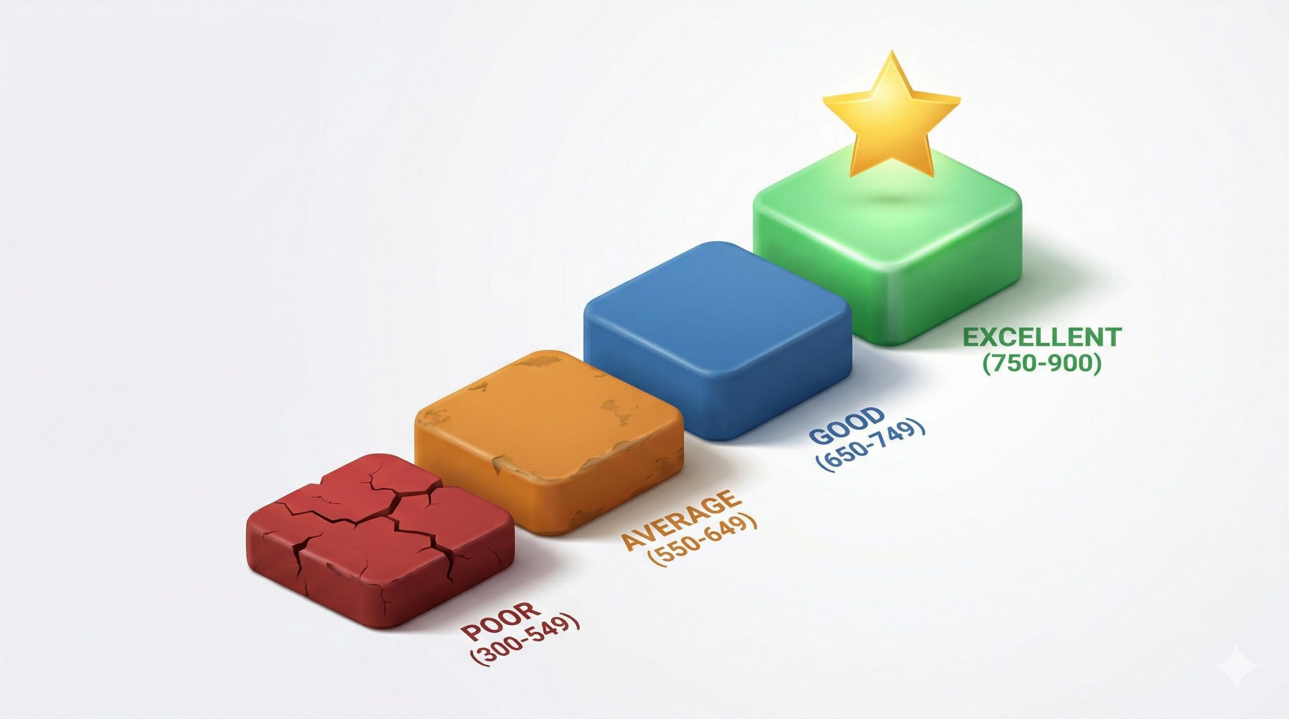 Four ascending colored steps representing credit score ranges from poor to excellent.