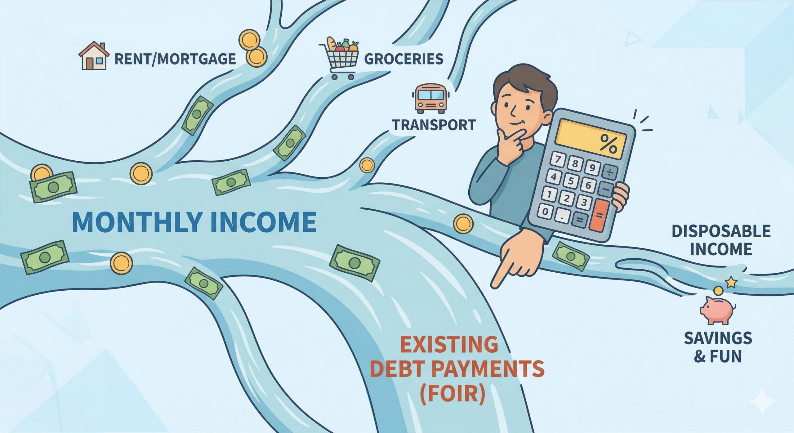 Friendly conceptual visualization showing a flowing river of income and large outflows for existing debt, rent, and groceries reducing disposable income, guided by a calculator character.